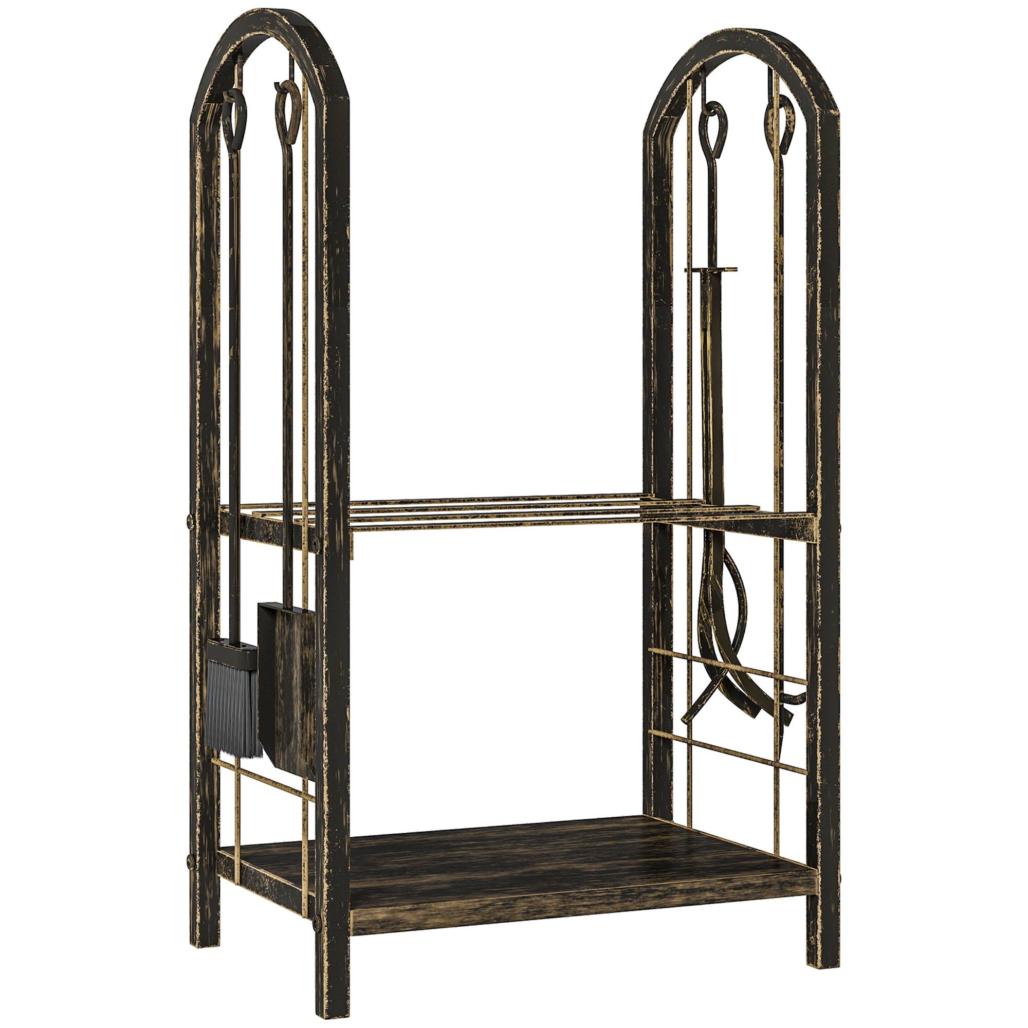 ComfortXL - Porte-bûches métal brun café 43 x 30 x 74 cm 2 niveaux intérieur extérieur avec 4 outils de cheminée - Image 9
