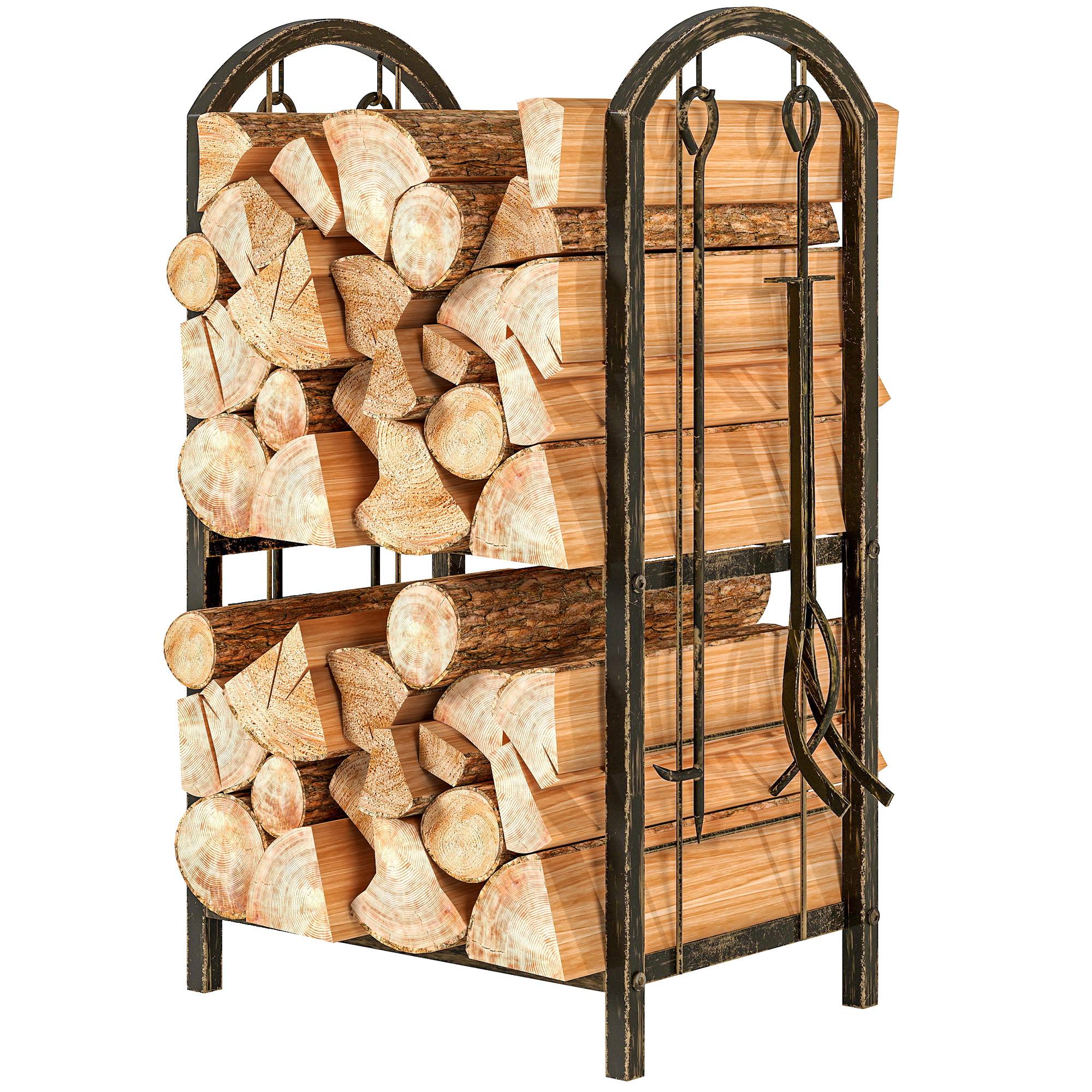 ComfortXL - Porte-bûches métal brun café 43 x 30 x 74 cm 2 niveaux intérieur extérieur avec 4 outils de cheminée - Image 2