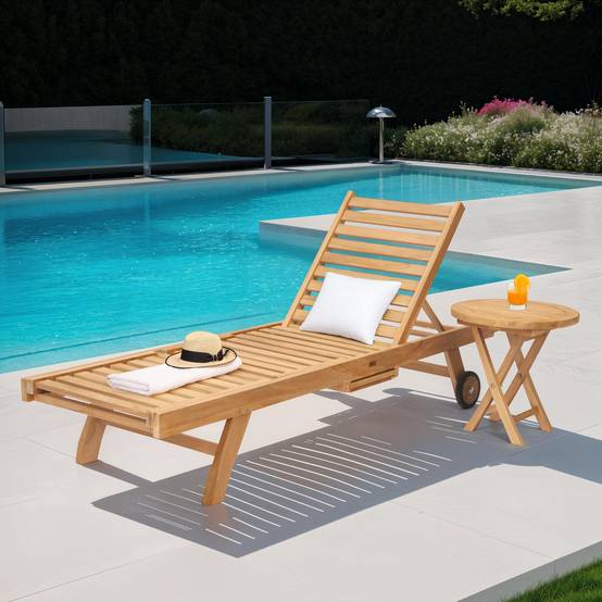 Ensemble bain de soleil pliant en teck avec table d'appoint LOMBOK - HAPPY GARDEN - Image 2