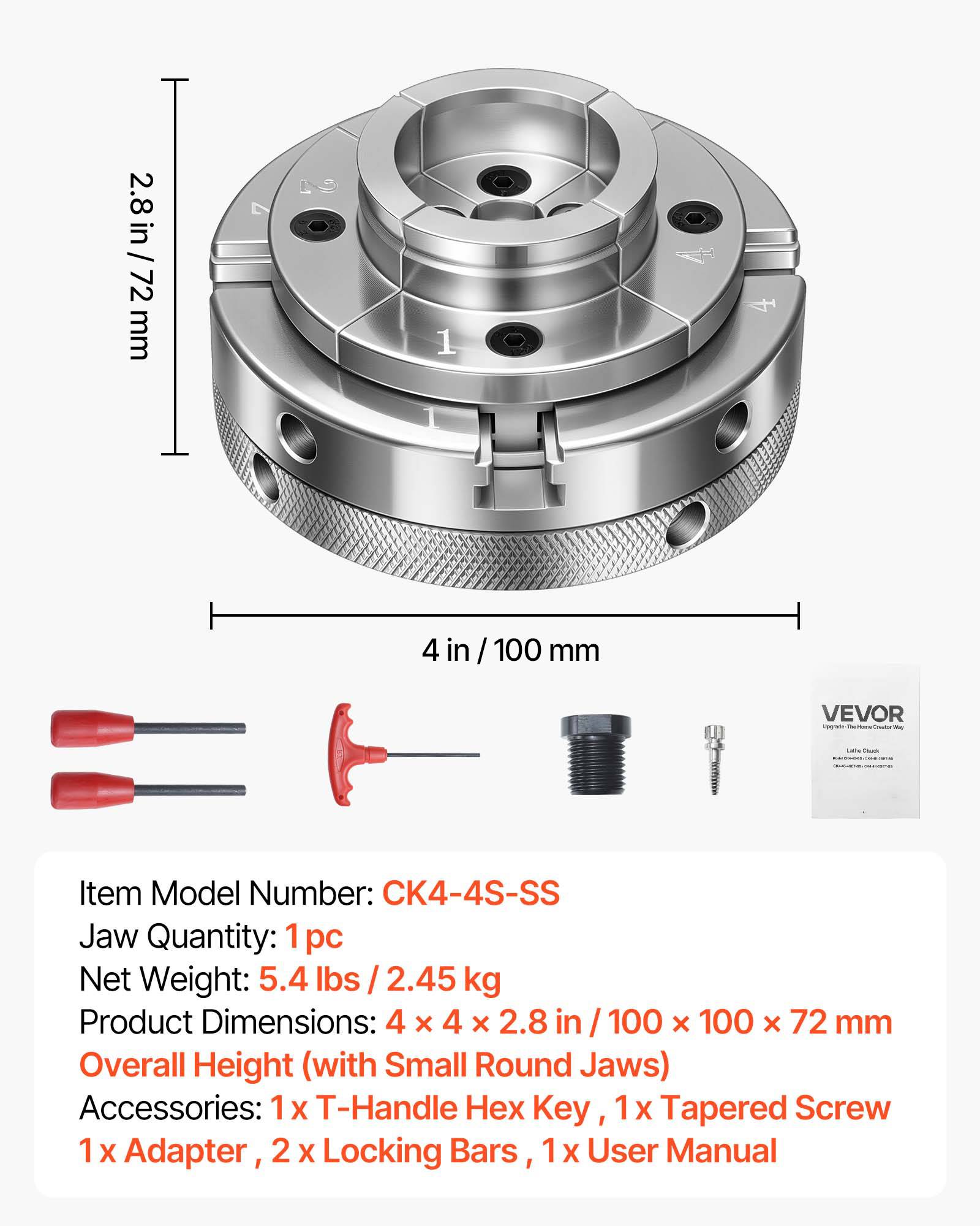 Vevor - VEVOR Mandrin de tour à bois 100 mm 4 mors autocentrant, compatible 1" x 8 TPI avec adaptateur, acier haute dureté finition nickelée. - Image 6