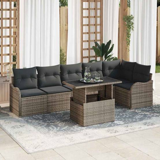 Salon de jardin 6 places en poly rotin modulable avec table en verre pour terrasse Gris – ComfortXL Outdoor Living - Image 1