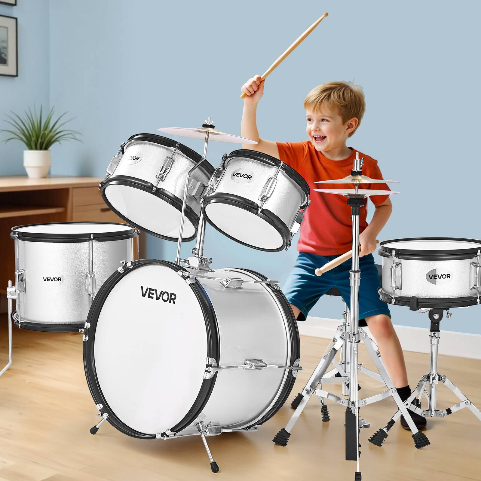 Vevor - VEVOR Batterie enfant 5 pièces, grosse caisse 45 cm, toms et caisse claire, siège réglable, 2 paires de baguettes, kit complet pour 6-13 ans. - Image 8