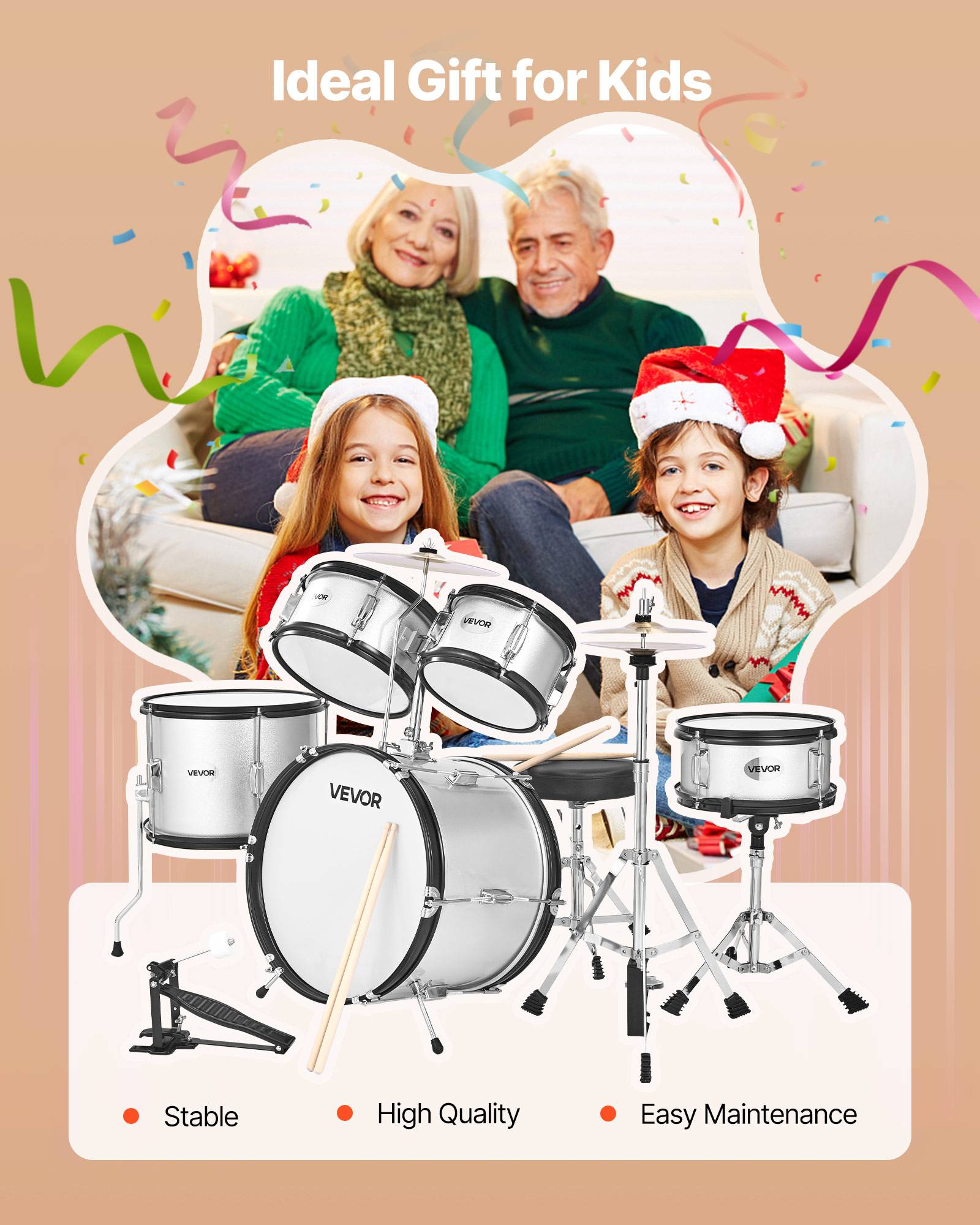 Vevor - VEVOR Batterie enfant 5 pièces, grosse caisse 45 cm, toms et caisse claire, siège réglable, 2 paires de baguettes, kit complet pour 6-13 ans. - Image 6