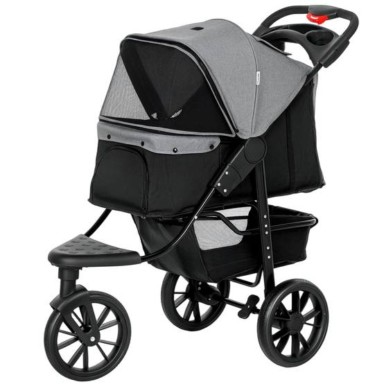 Poussette pour chien à 3 roues, fenêtres en filet, panier de rangement et sangles de sécurité, 109,5 x 57,5 x 106,5 cm, grise - Image 2