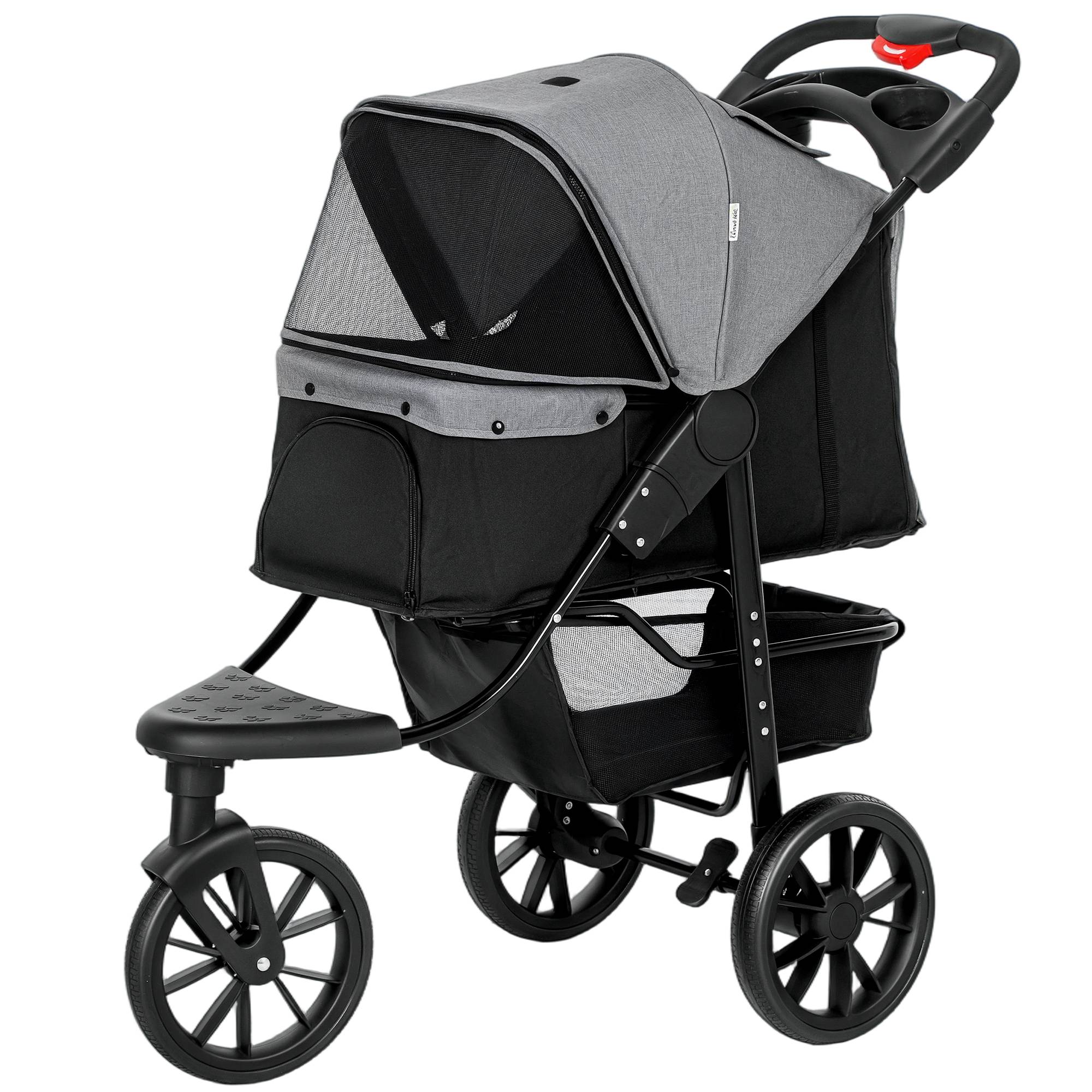 Poussette pour chien à 3 roues, fenêtres en filet, panier de rangement et sangles de sécurité, 109,5 x 57,5 x 106,5 cm, grise - Image 2
