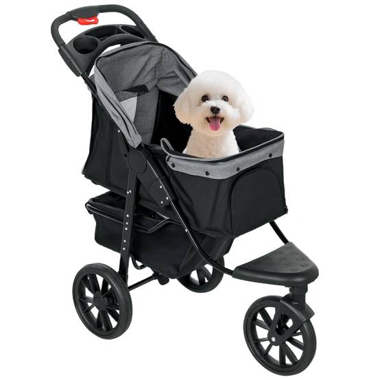 Poussette pour chien à 3 roues, fenêtres en filet, panier de rangement et sangles de sécurité, 109,5 x 57,5 x 106,5 cm, grise - Image 1