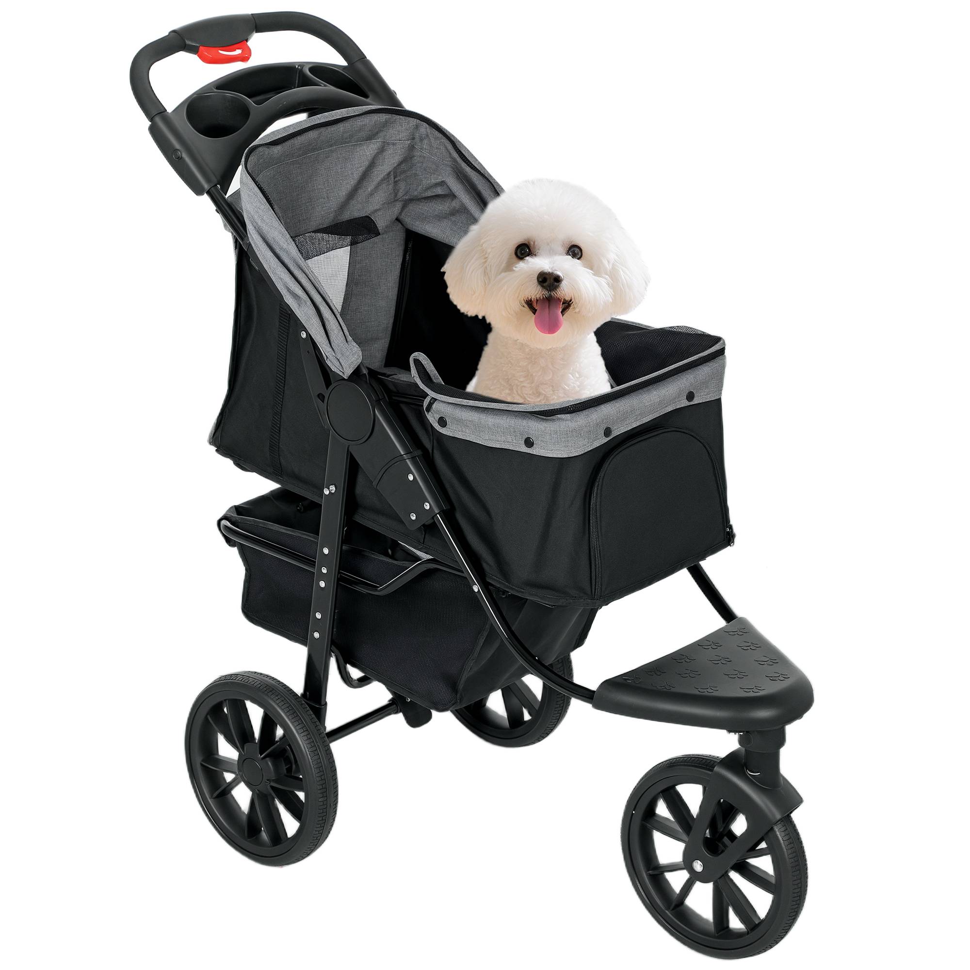 Poussette pour chien à 3 roues, fenêtres en filet, panier de rangement et sangles de sécurité, 109,5 x 57,5 x 106,5 cm, grise - Image 1