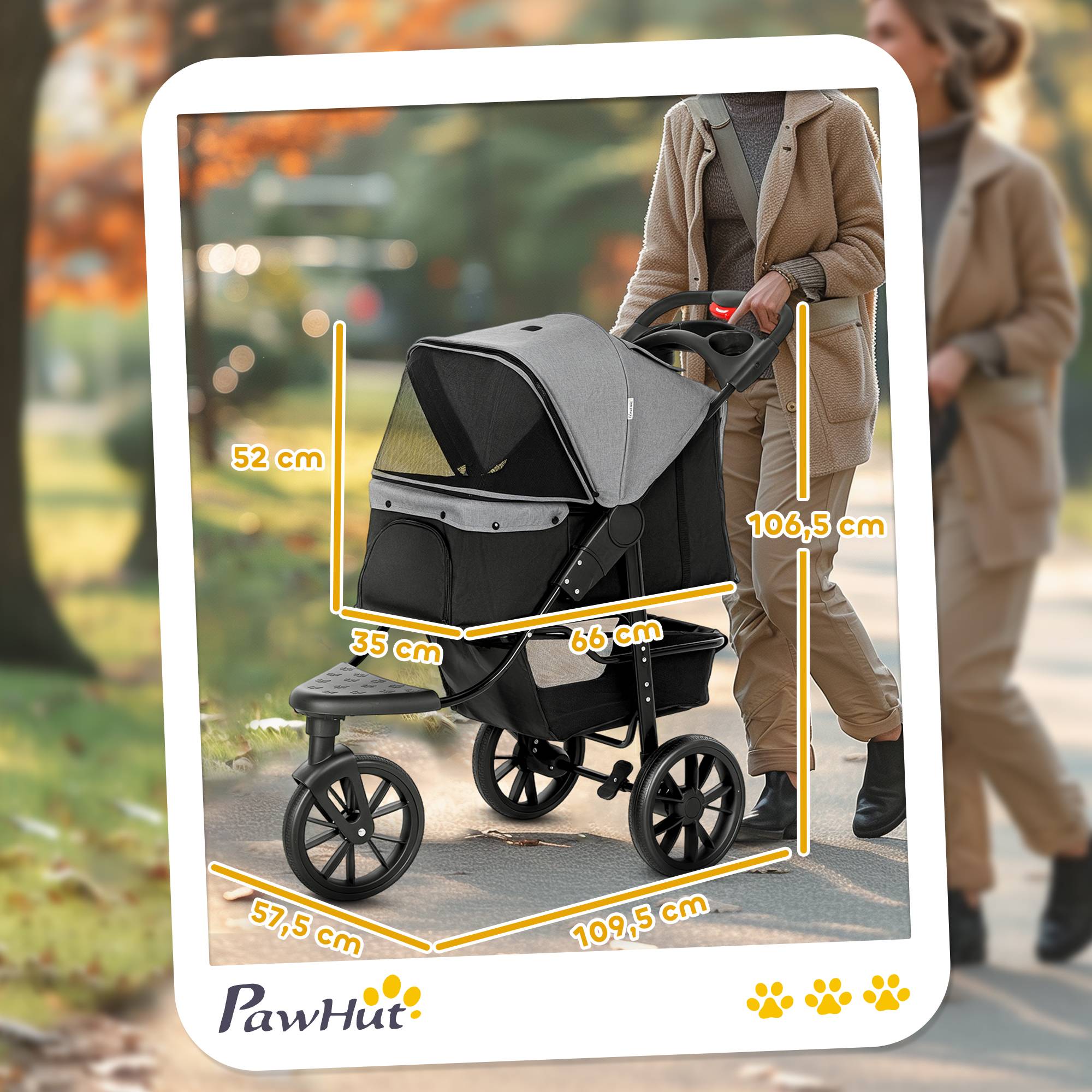 Poussette pour chien à 3 roues, fenêtres en filet, panier de rangement et sangles de sécurité, 109,5 x 57,5 x 106,5 cm, grise - Image 5