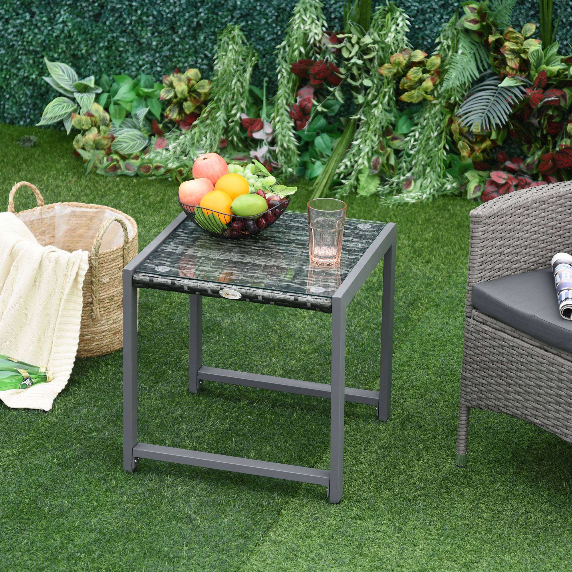 ComfortXL - Table basse jardin aluminium résine tressée plateau verre extérieur détente 50x49.5x50cm gris - ComfortXL Outdoor Living - Image 4