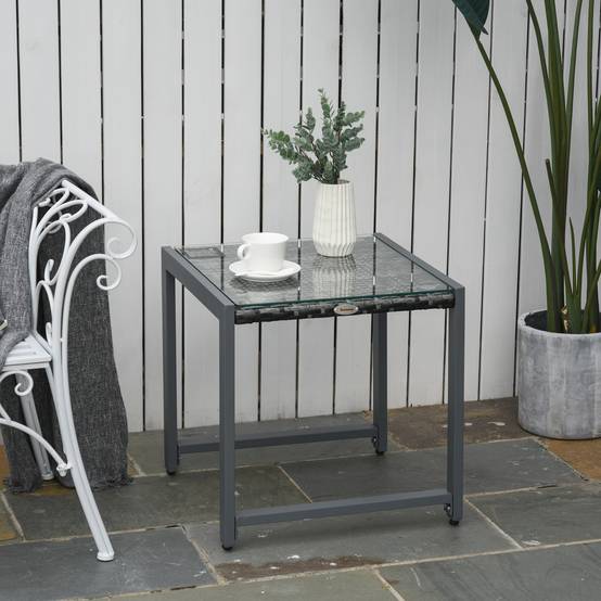 ComfortXL - Table basse jardin aluminium résine tressée plateau verre extérieur détente 50x49.5x50cm gris - ComfortXL Outdoor Living - Image 3