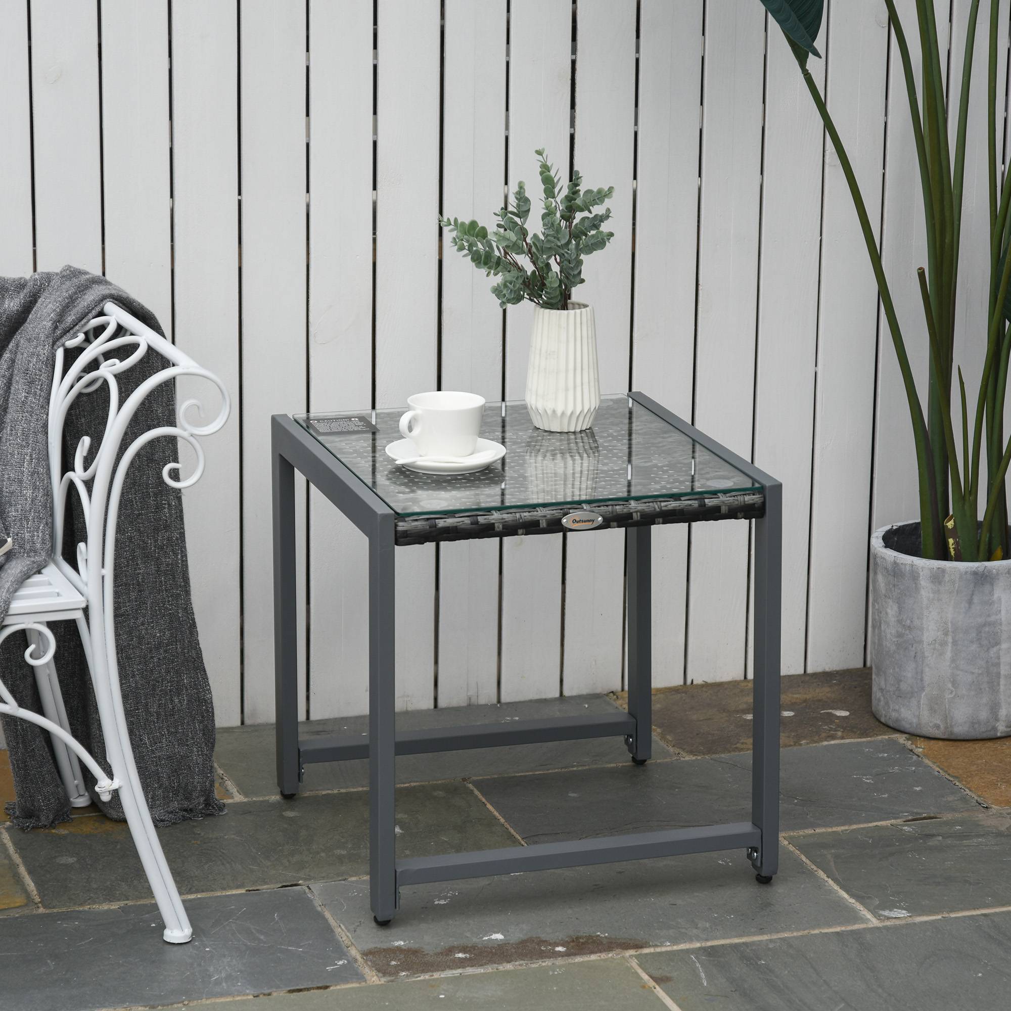 ComfortXL - Table basse jardin aluminium résine tressée plateau verre extérieur détente 50x49.5x50cm gris - ComfortXL Outdoor Living - Image 3