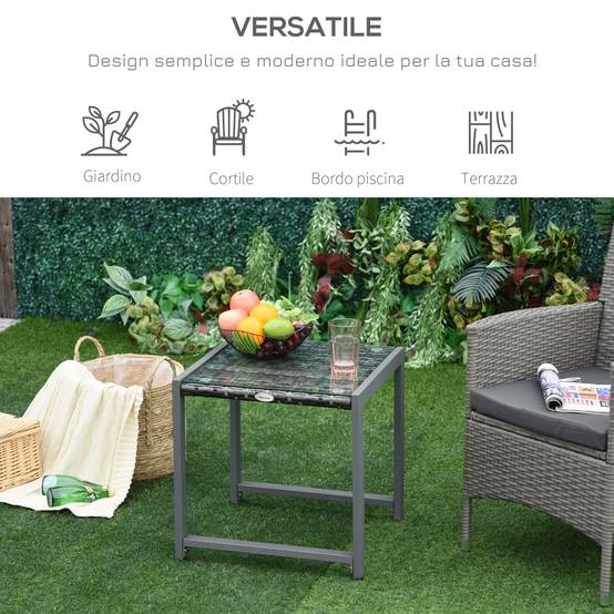 ComfortXL - Table basse jardin aluminium résine tressée plateau verre extérieur détente 50x49.5x50cm gris - ComfortXL Outdoor Living - Image 7