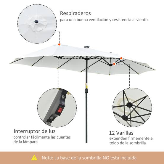 Parasol double avec 48 lumières LED, 4,5 x 2,65 m, manivelle, protection solaire pour terrasse, jardin, piscine, crème - Image 7