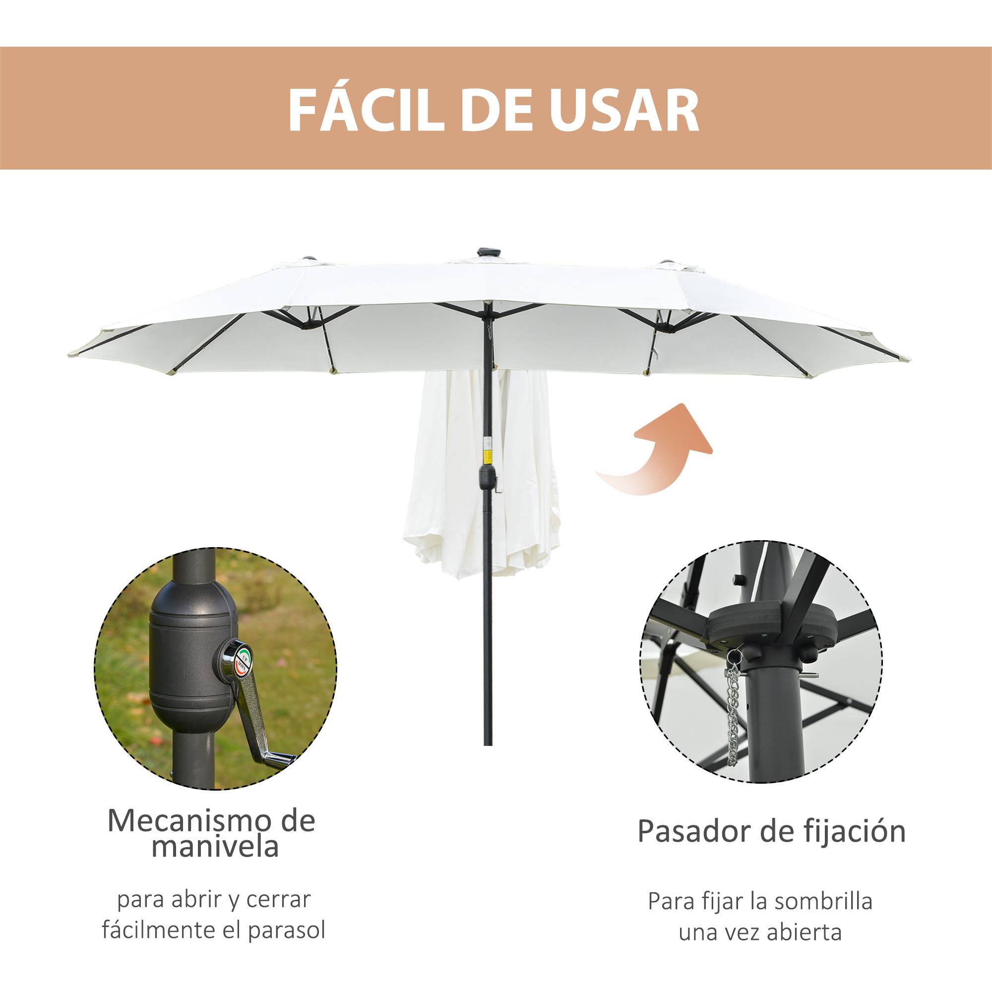 Parasol double avec 48 lumières LED, 4,5 x 2,65 m, manivelle, protection solaire pour terrasse, jardin, piscine, crème - Image 8