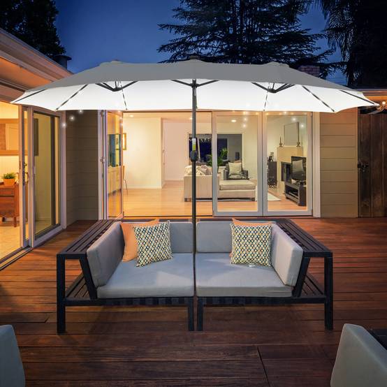 Parasol double avec 48 lumières LED, 4,5 x 2,65 m, manivelle, protection solaire pour terrasse, jardin, piscine, crème - Image 3