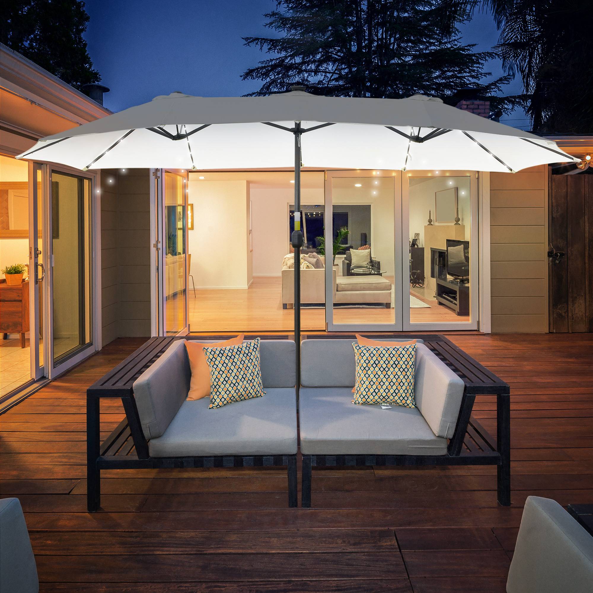 Parasol double avec 48 lumières LED, 4,5 x 2,65 m, manivelle, protection solaire pour terrasse, jardin, piscine, crème - Image 3