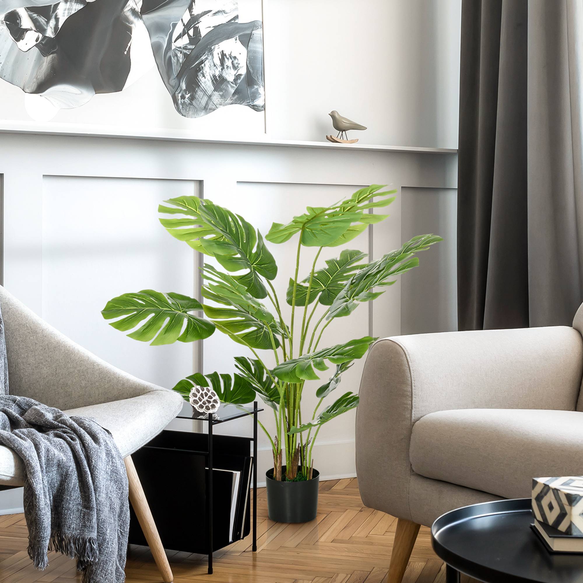 Sans Marque - Plante artificielle réaliste Monstera, cache-pot et terre ciment, 17,5x17,5x120 cm, vert - Image 3