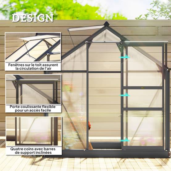 Serre de Jardin Polycarbonate Adossée avec Fondation 190x132x201 cm Gris - ComfortXL Outdoor Living - Image 6