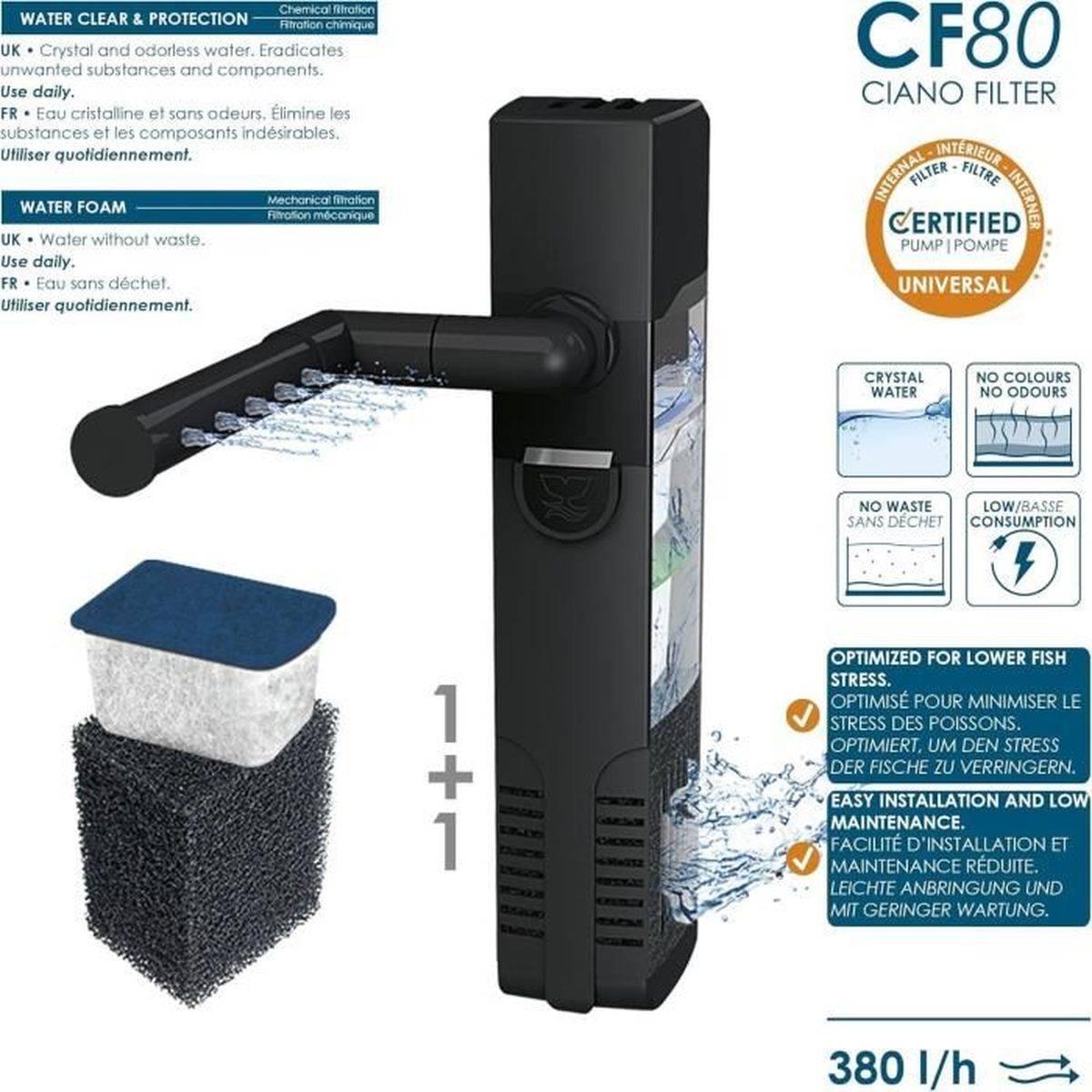 Ciano - Aquarium rectangle 60 L noir avec filtre interne CF80, chauffage 50 W et LED CLA60 - CIANO - Image 7