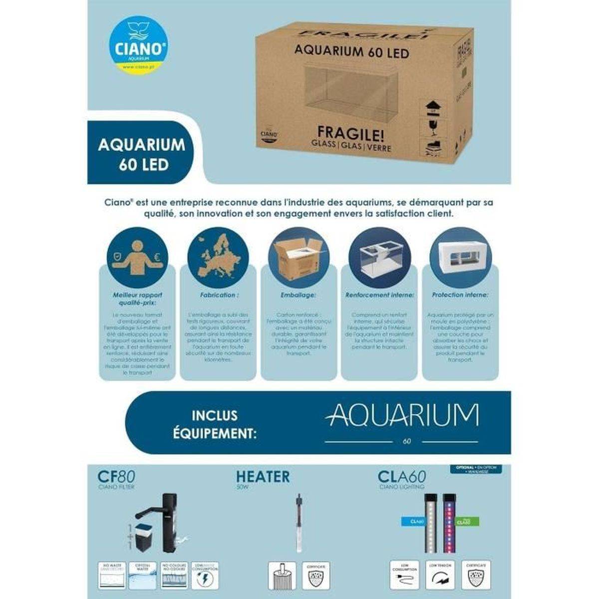 Ciano - Aquarium rectangle 60 L noir avec filtre interne CF80, chauffage 50 W et LED CLA60 - CIANO - Image 4