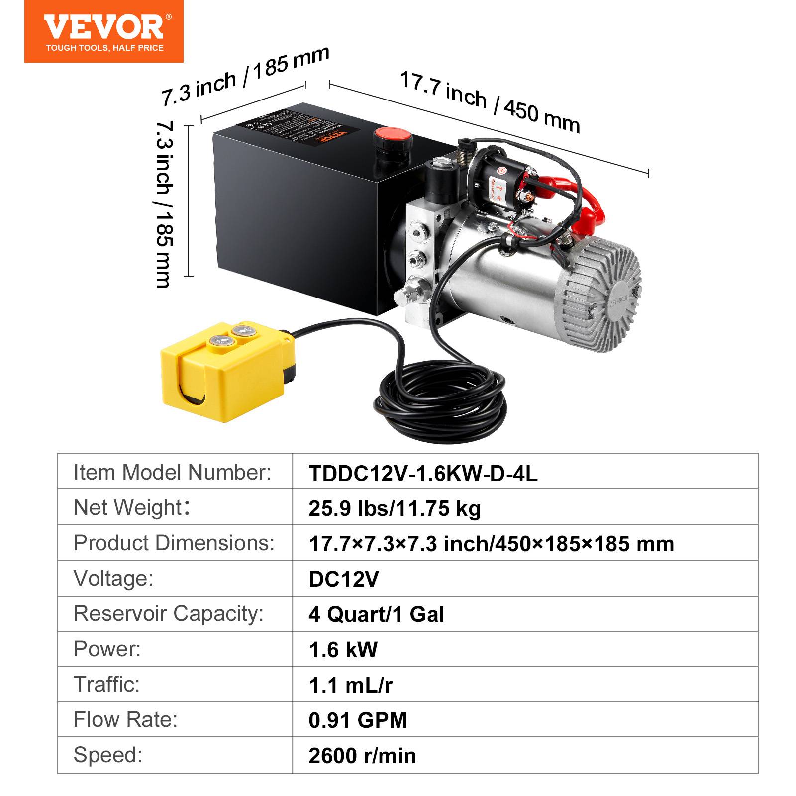VEVOR Pompe hydraulique DC 12V 4L, débit 3.44 L/min, pression 22 MPa, pour benne basculante, nacelle. - Image 7