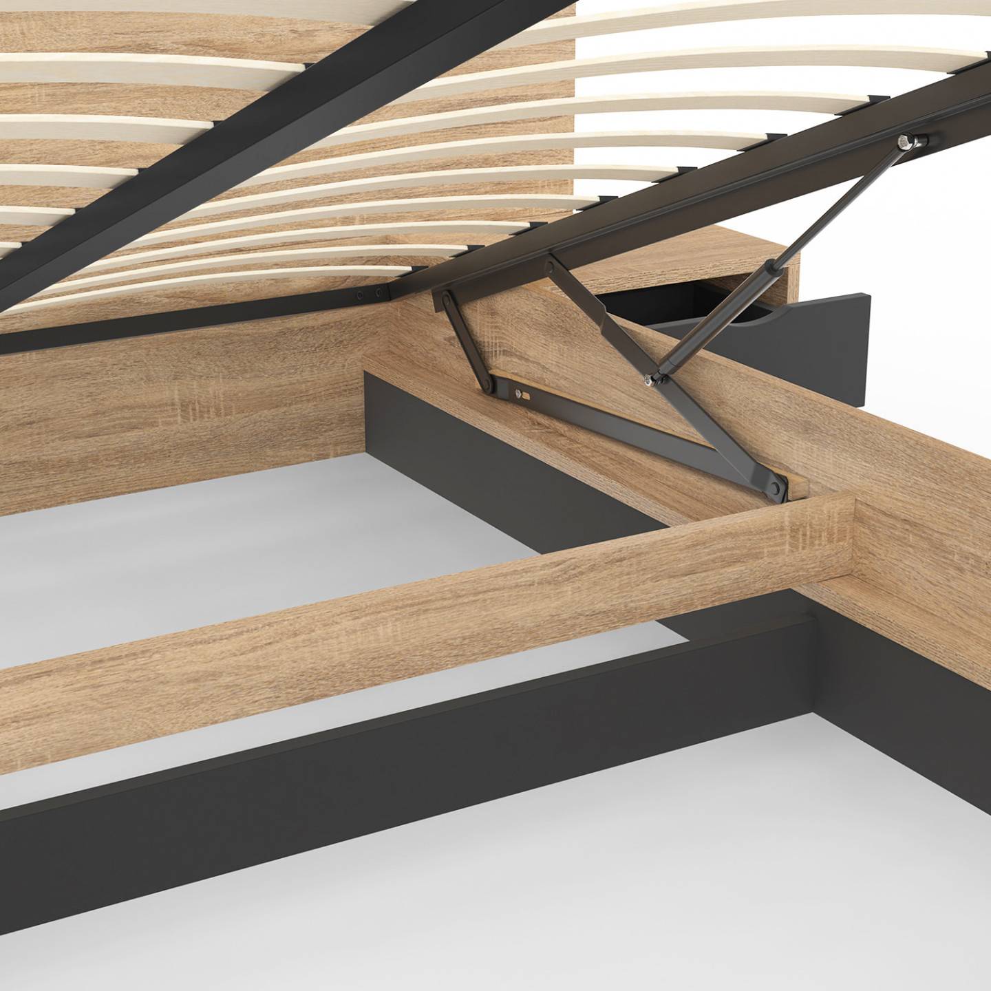 Lit coffre double SANTA avec tête de lit + tables de chevets intégrées et sommier 140 x 190 cm bois et noir - Image 6