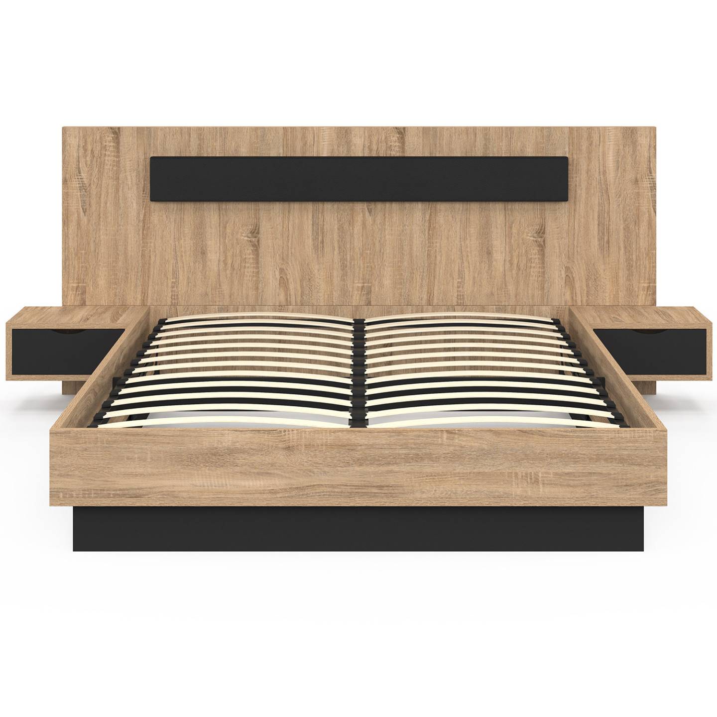 Lit coffre double SANTA avec tête de lit + tables de chevets intégrées et sommier 140 x 190 cm bois et noir - Image 3