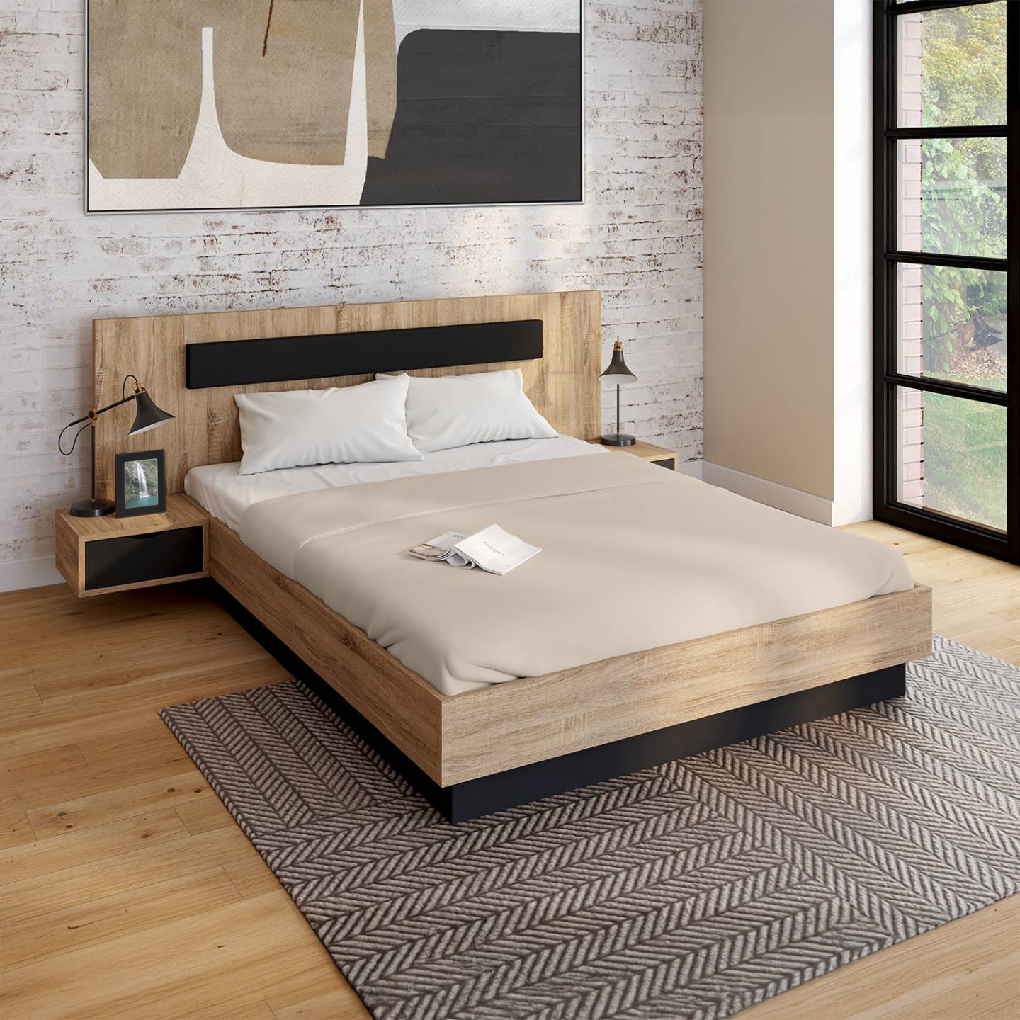 Lit coffre double SANTA avec tête de lit + tables de chevets intégrées et sommier 140 x 190 cm bois et noir - Image 4