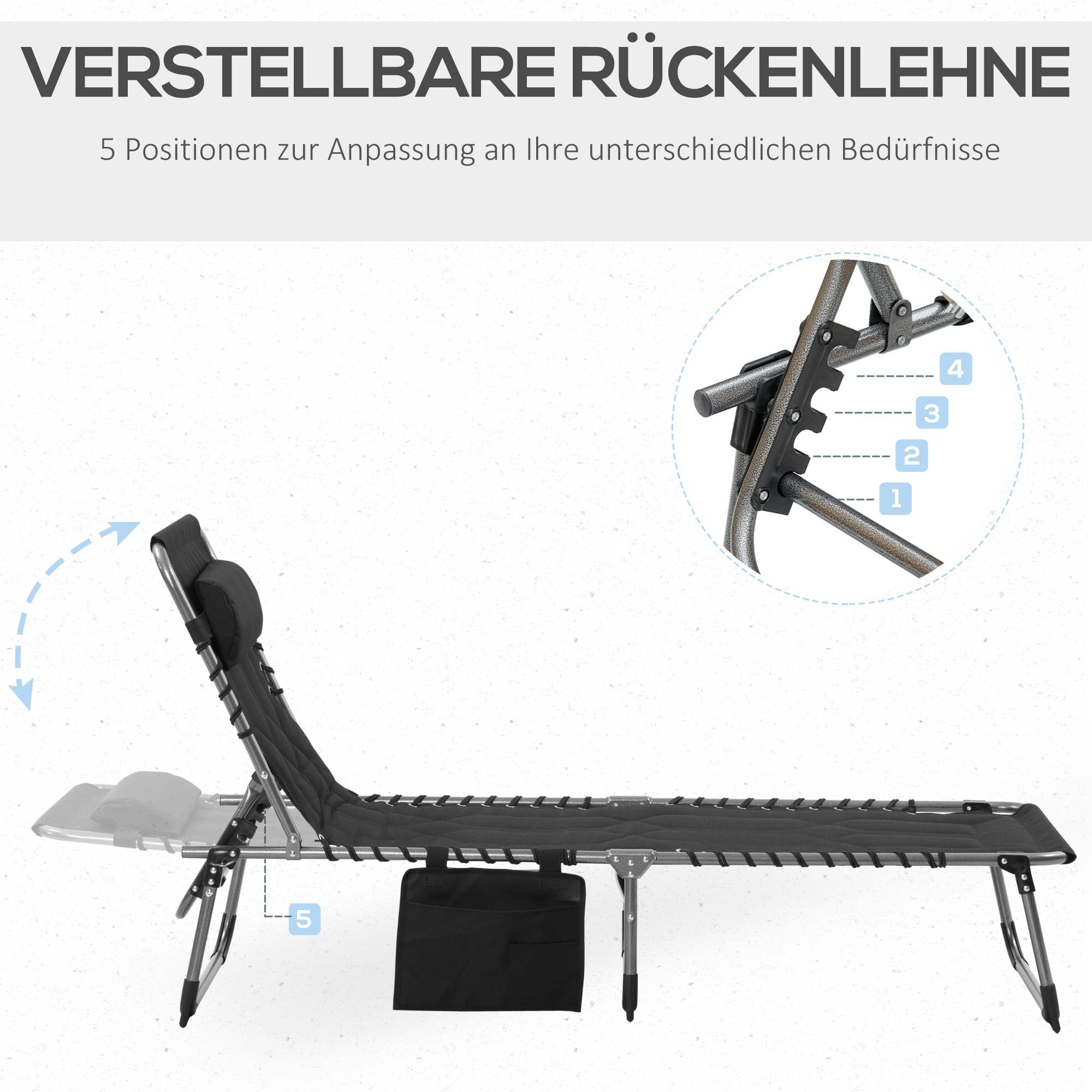 Sans Marque - Chaise longue jardin pliable avec appui-tête, poche latérale, dossier 5 positions, résistante, charge 130 kg, plage piscine, noir - Image 6