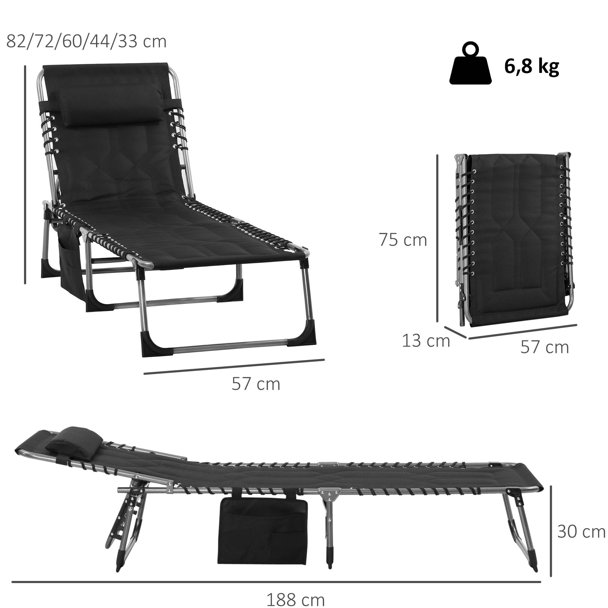 Sans Marque - Chaise longue jardin pliable avec appui-tête, poche latérale, dossier 5 positions, résistante, charge 130 kg, plage piscine, noir - Image 5