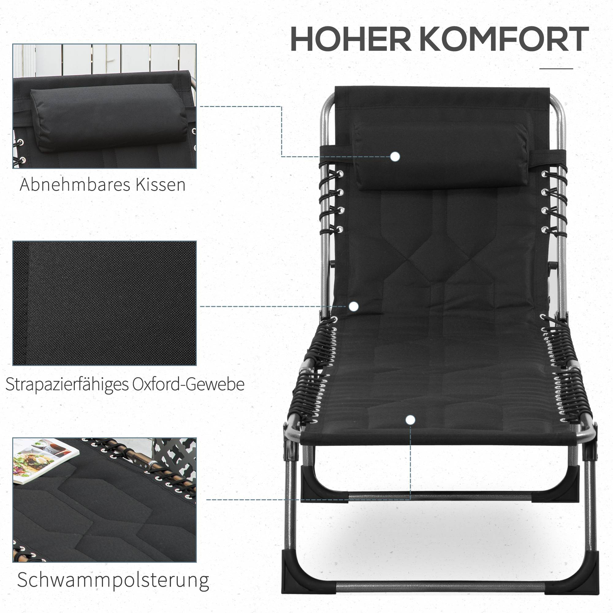 Sans Marque - Chaise longue jardin pliable avec appui-tête, poche latérale, dossier 5 positions, résistante, charge 130 kg, plage piscine, noir - Image 7