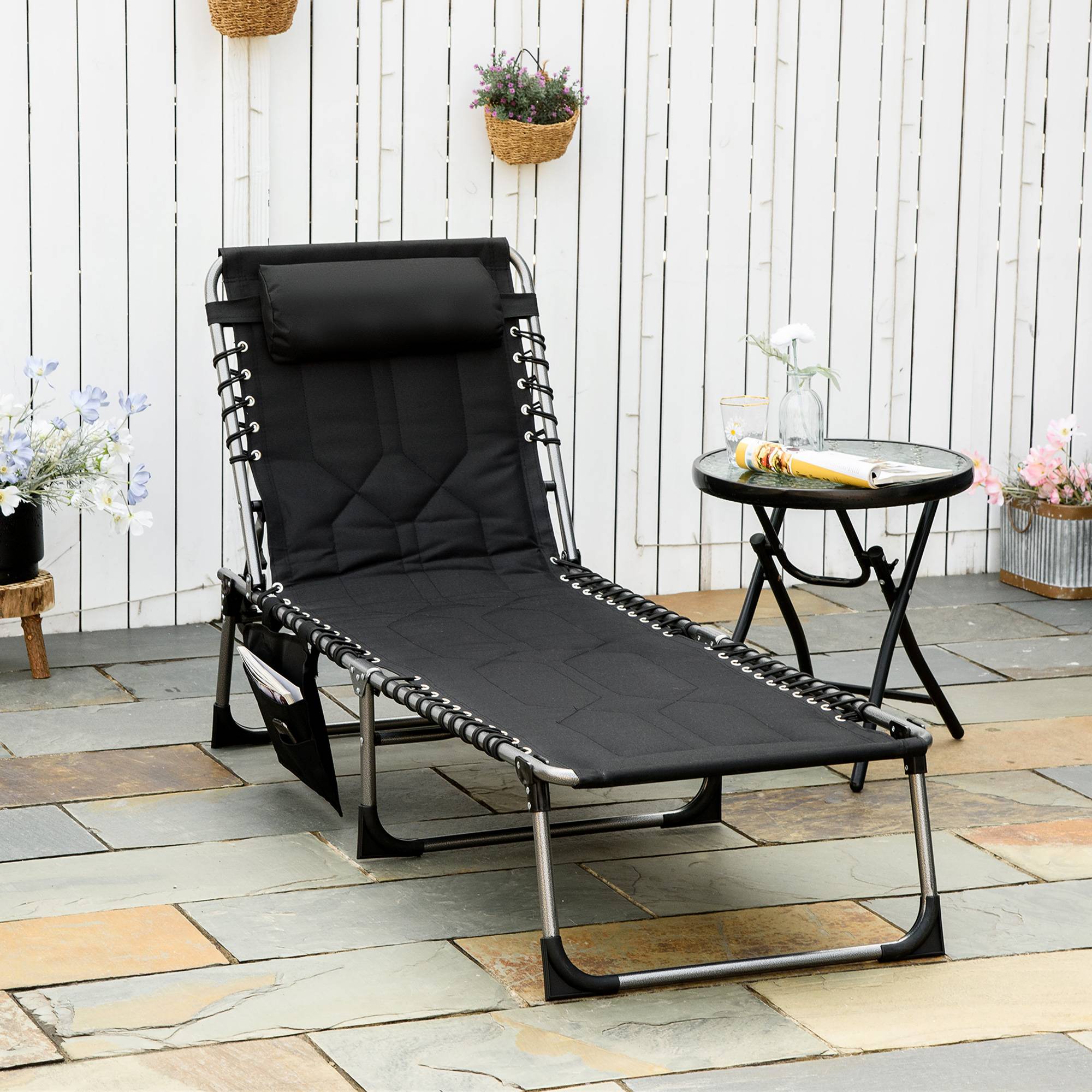 Sans Marque - Chaise longue jardin pliable avec appui-tête, poche latérale, dossier 5 positions, résistante, charge 130 kg, plage piscine, noir - Image 3
