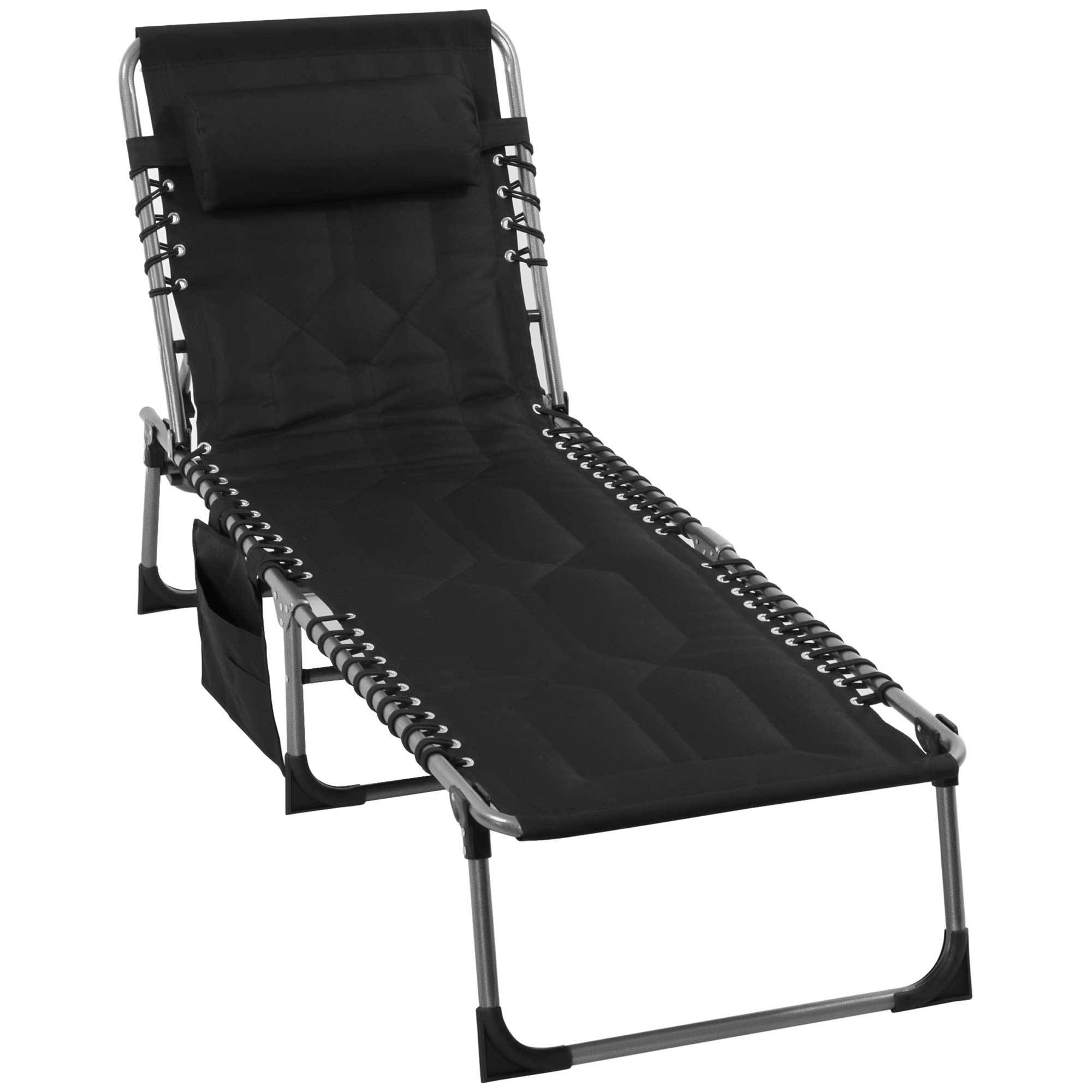 Sans Marque - Chaise longue jardin pliable avec appui-tête, poche latérale, dossier 5 positions, résistante, charge 130 kg, plage piscine, noir - Image 2