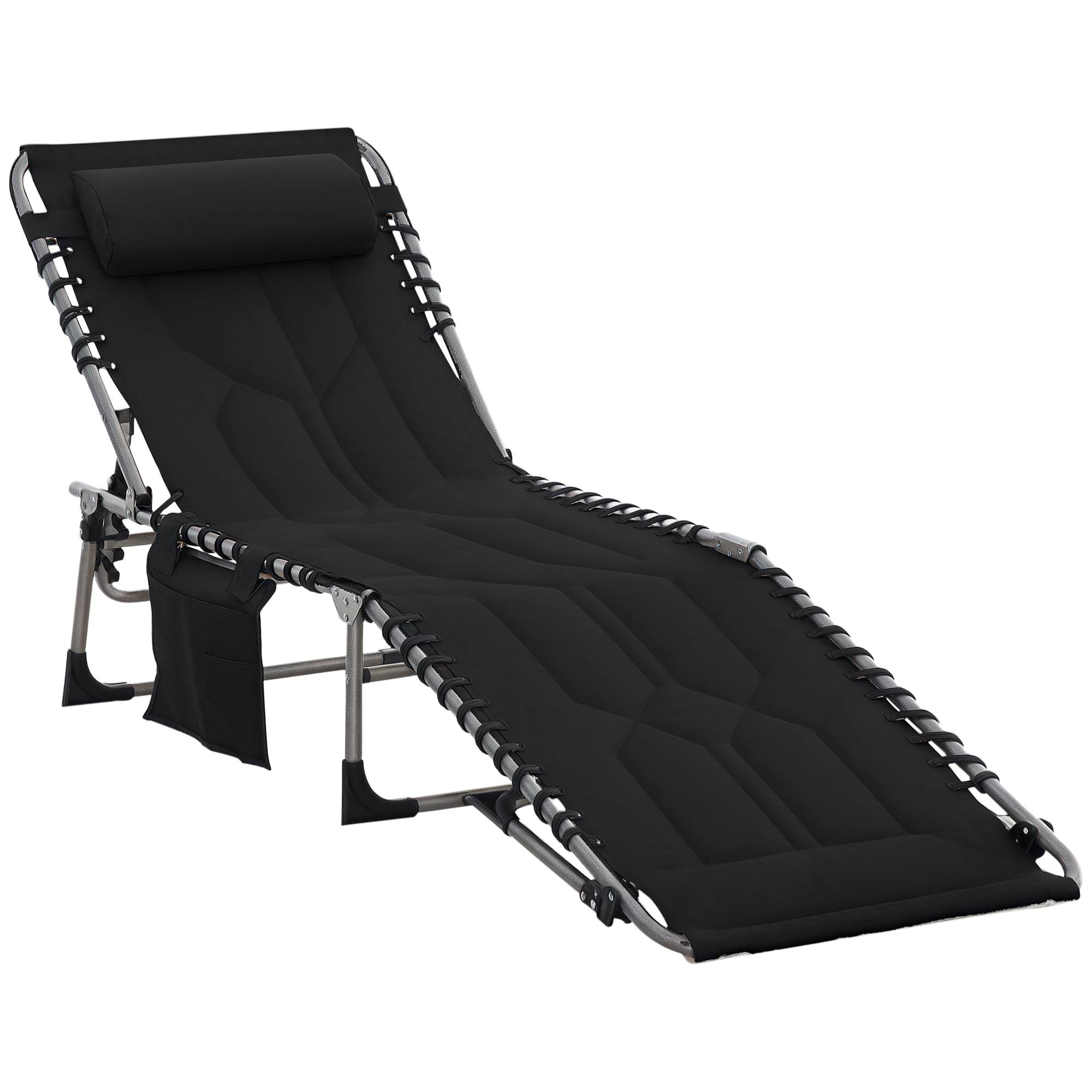 Sans Marque - Chaise longue jardin pliable avec appui-tête, poche latérale, dossier 5 positions, résistante, charge 130 kg, plage piscine, noir - Image 1