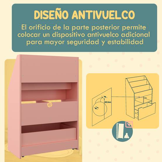 Bibliothèque en bois pour enfants avec 3 compartiments, 2 cubes et un tiroir mobile à 4 roulettes, 60 x 29,9 x 90 cm, rose - Image 7