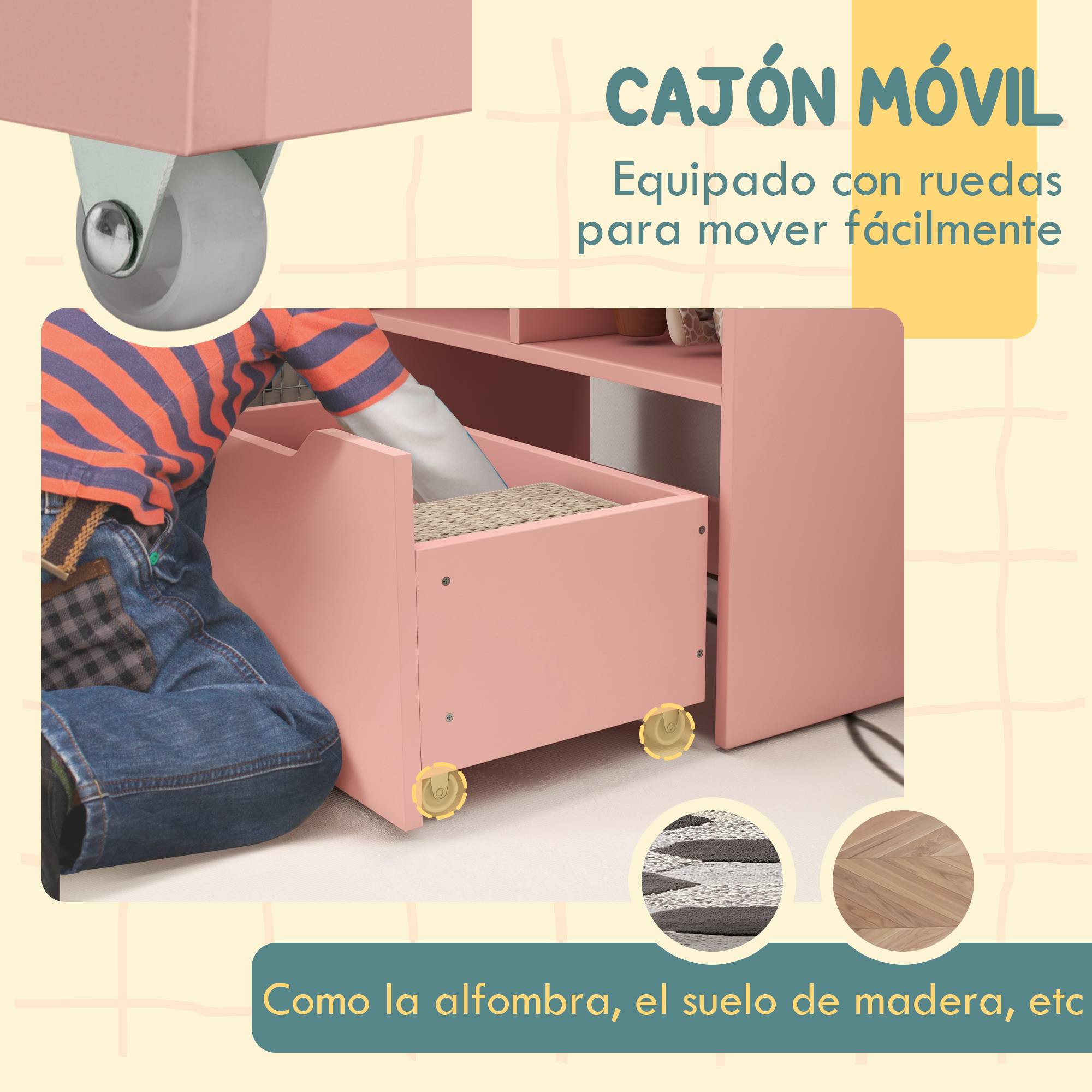 Bibliothèque en bois pour enfants avec 3 compartiments, 2 cubes et un tiroir mobile à 4 roulettes, 60 x 29,9 x 90 cm, rose - Image 8