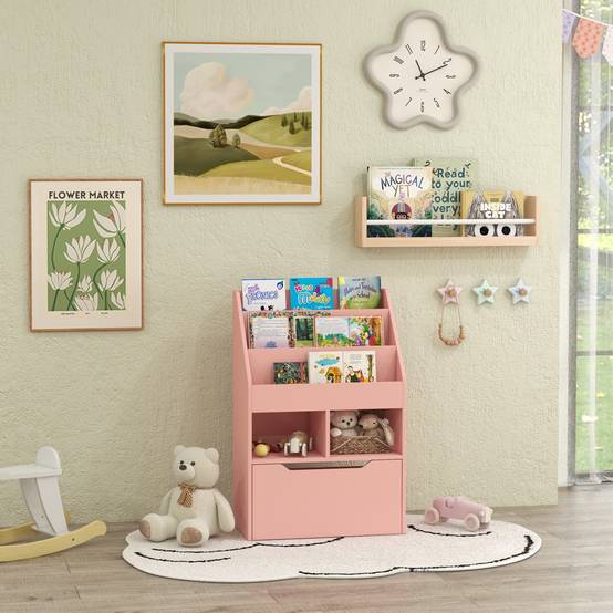Bibliothèque en bois pour enfants avec 3 compartiments, 2 cubes et un tiroir mobile à 4 roulettes, 60 x 29,9 x 90 cm, rose - Image 4