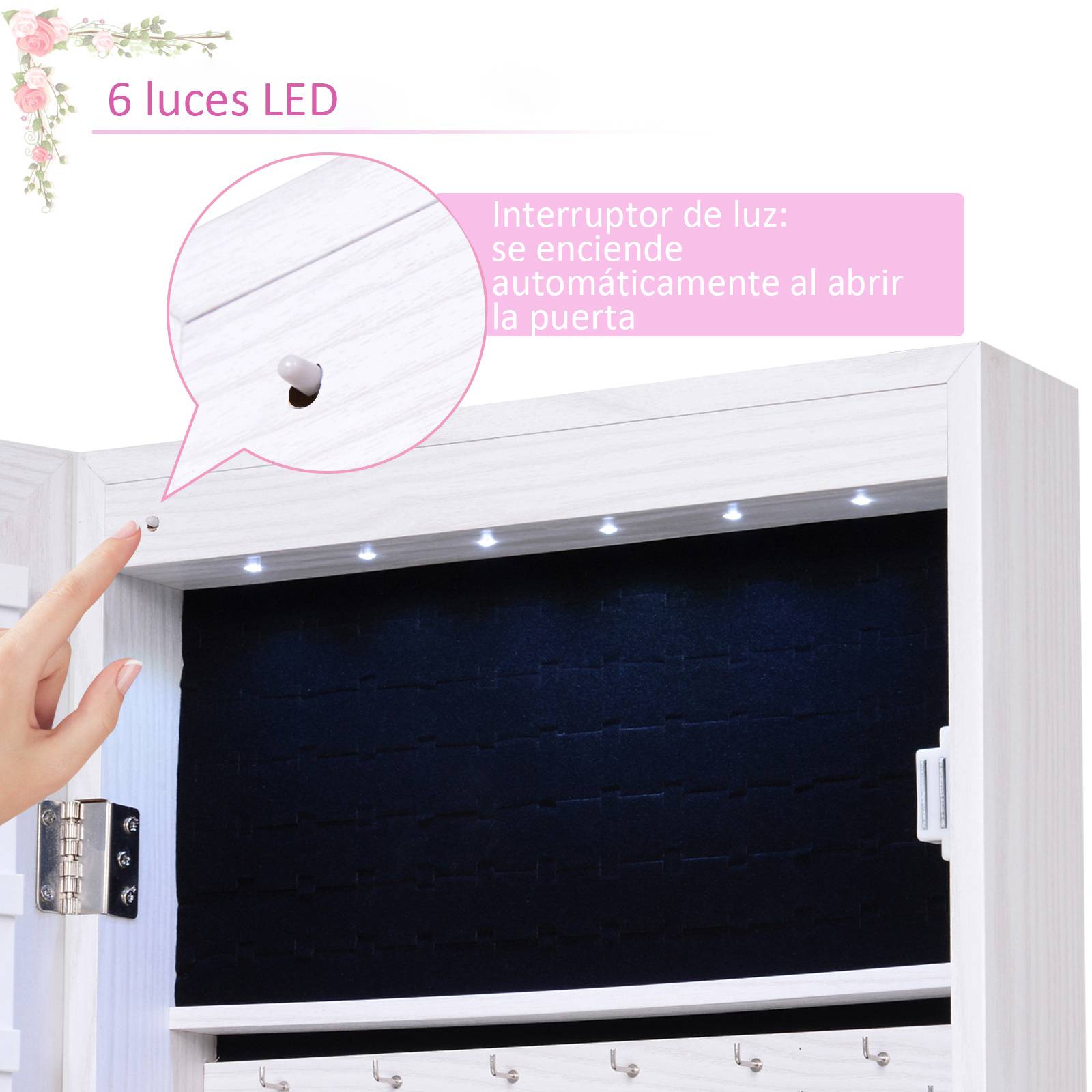 Sans Marque - Miroir à bijoux mural ou de porte avec éclairage LED, 5 étagères, 2 petits tiroirs, armoire à miroir avec serrure, 37 x 120 x 10 cm - Image 7