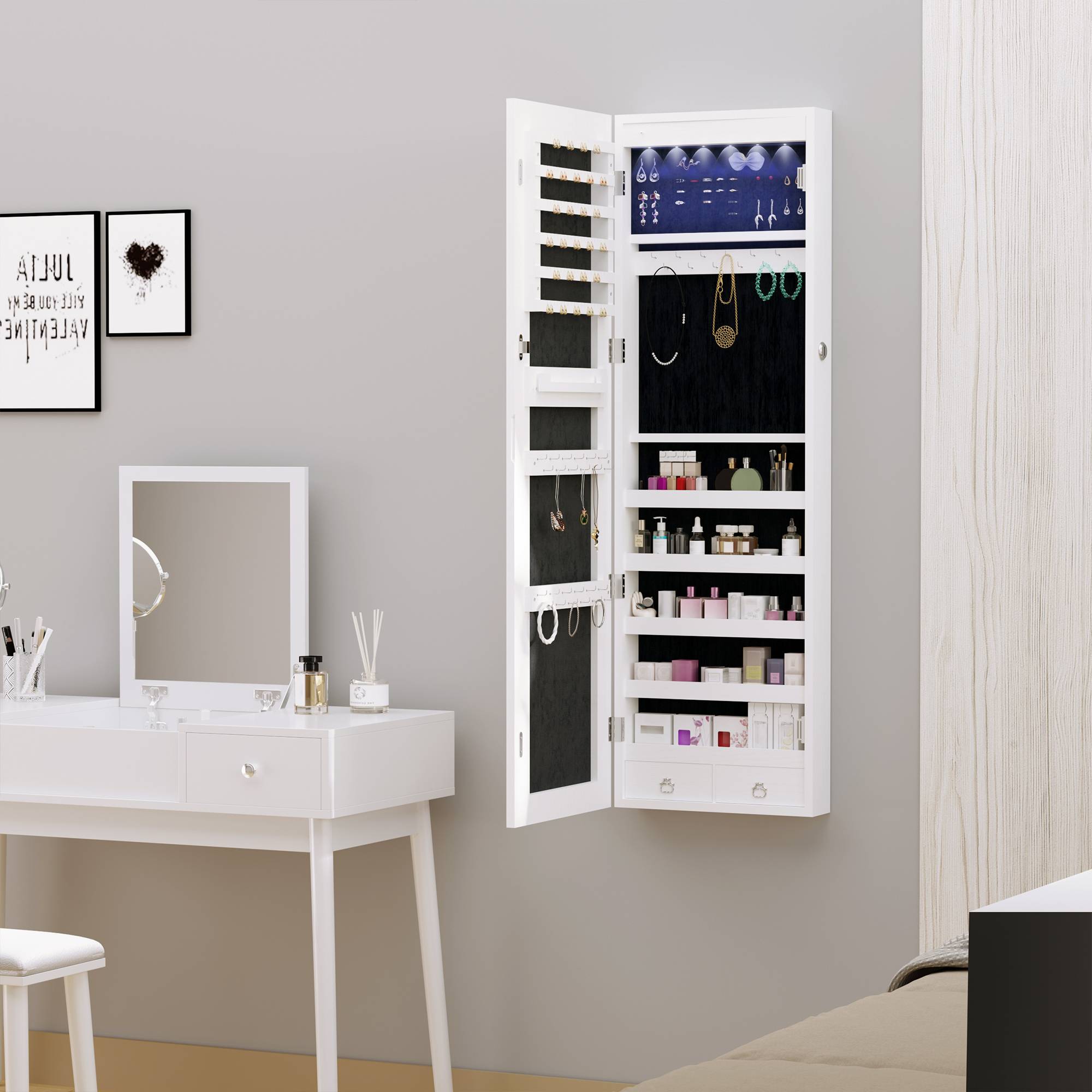 Sans Marque - Miroir à bijoux mural ou de porte avec éclairage LED, 5 étagères, 2 petits tiroirs, armoire à miroir avec serrure, 37 x 120 x 10 cm - Image 4