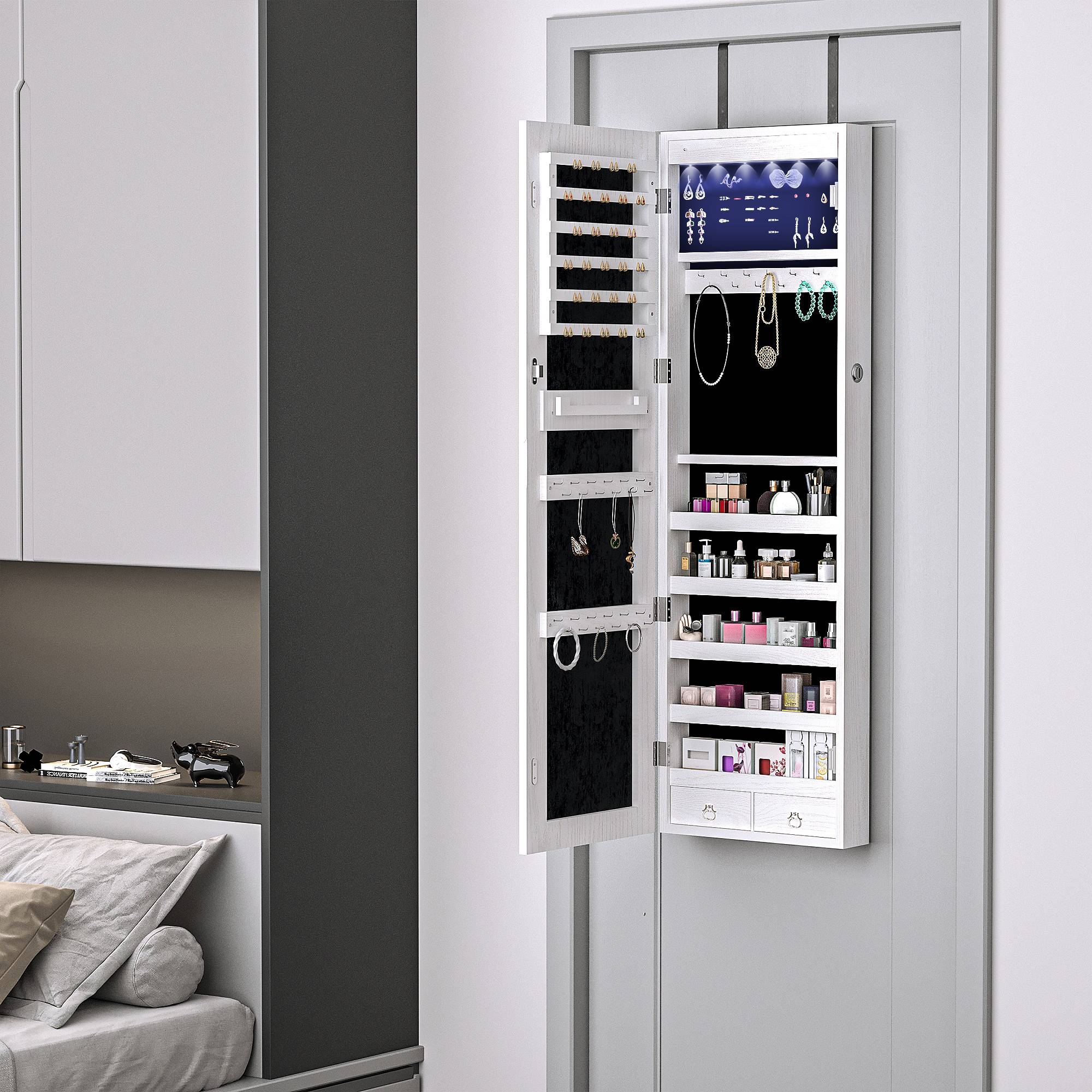 Sans Marque - Miroir à bijoux mural ou de porte avec éclairage LED, 5 étagères, 2 petits tiroirs, armoire à miroir avec serrure, 37 x 120 x 10 cm - Image 3