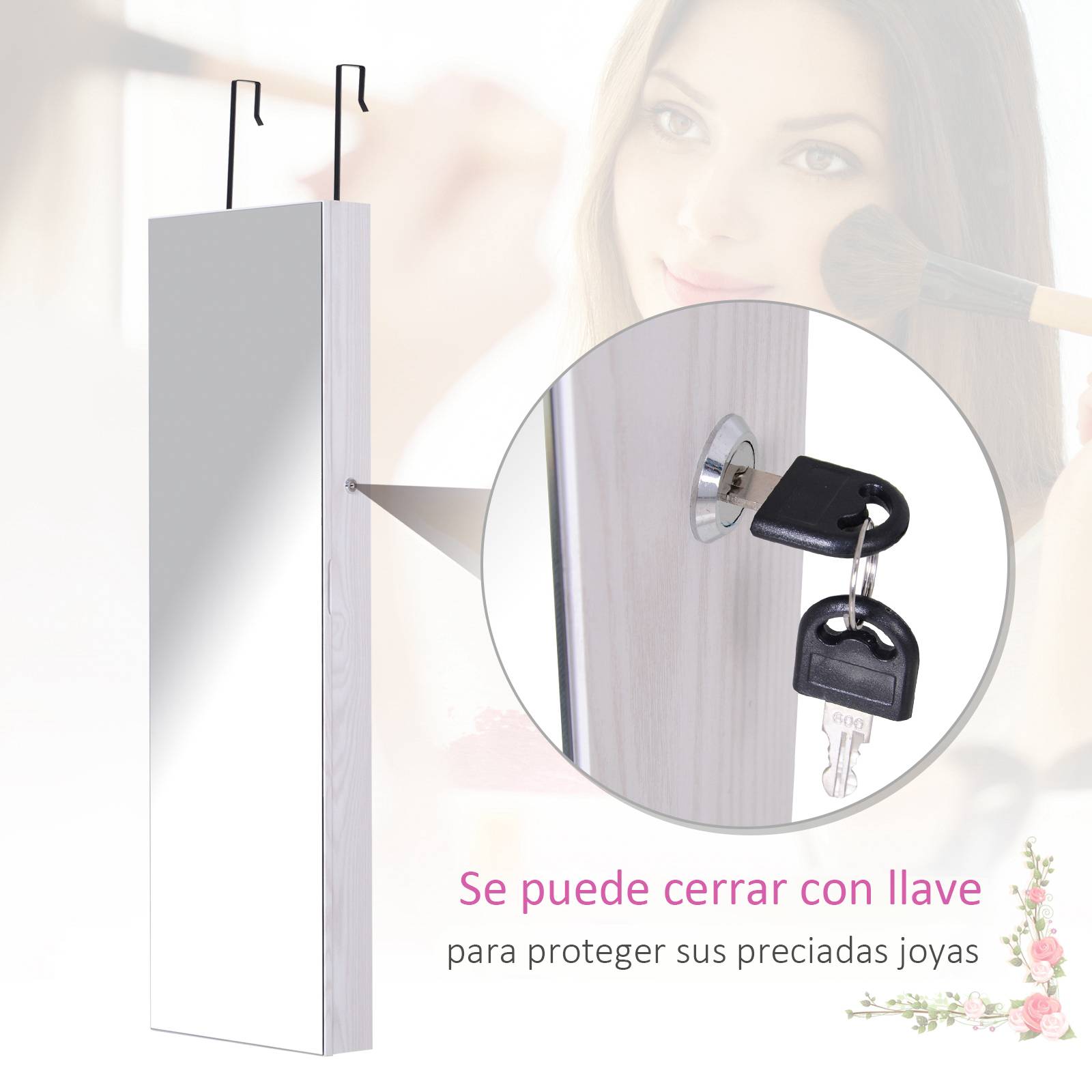 Sans Marque - Miroir à bijoux mural ou de porte avec éclairage LED, 5 étagères, 2 petits tiroirs, armoire à miroir avec serrure, 37 x 120 x 10 cm - Image 8