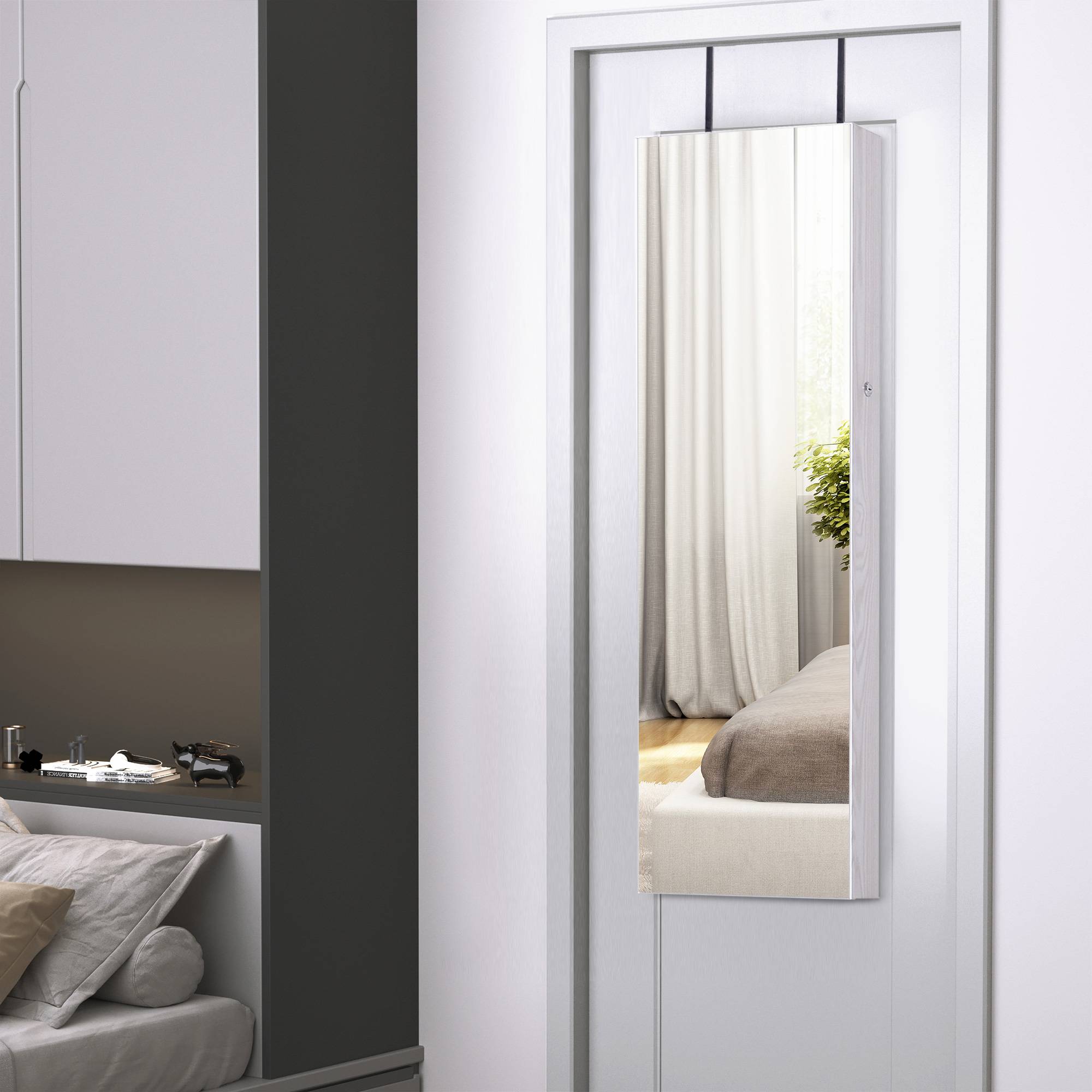 Sans Marque - Miroir à bijoux mural ou de porte avec éclairage LED, 5 étagères, 2 petits tiroirs, armoire à miroir avec serrure, 37 x 120 x 10 cm - Image 9