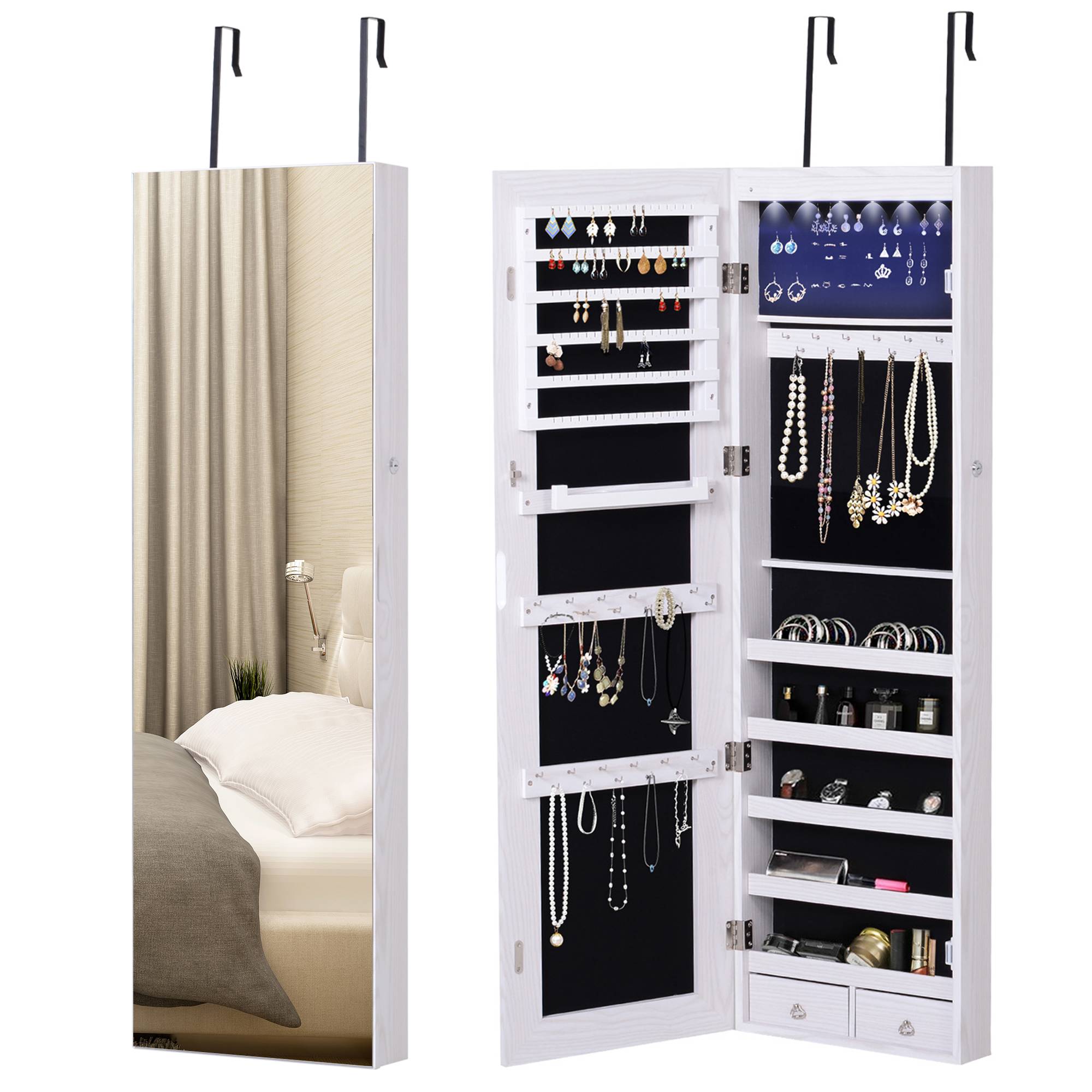 Sans Marque - Miroir à bijoux mural ou de porte avec éclairage LED, 5 étagères, 2 petits tiroirs, armoire à miroir avec serrure, 37 x 120 x 10 cm - Image 1
