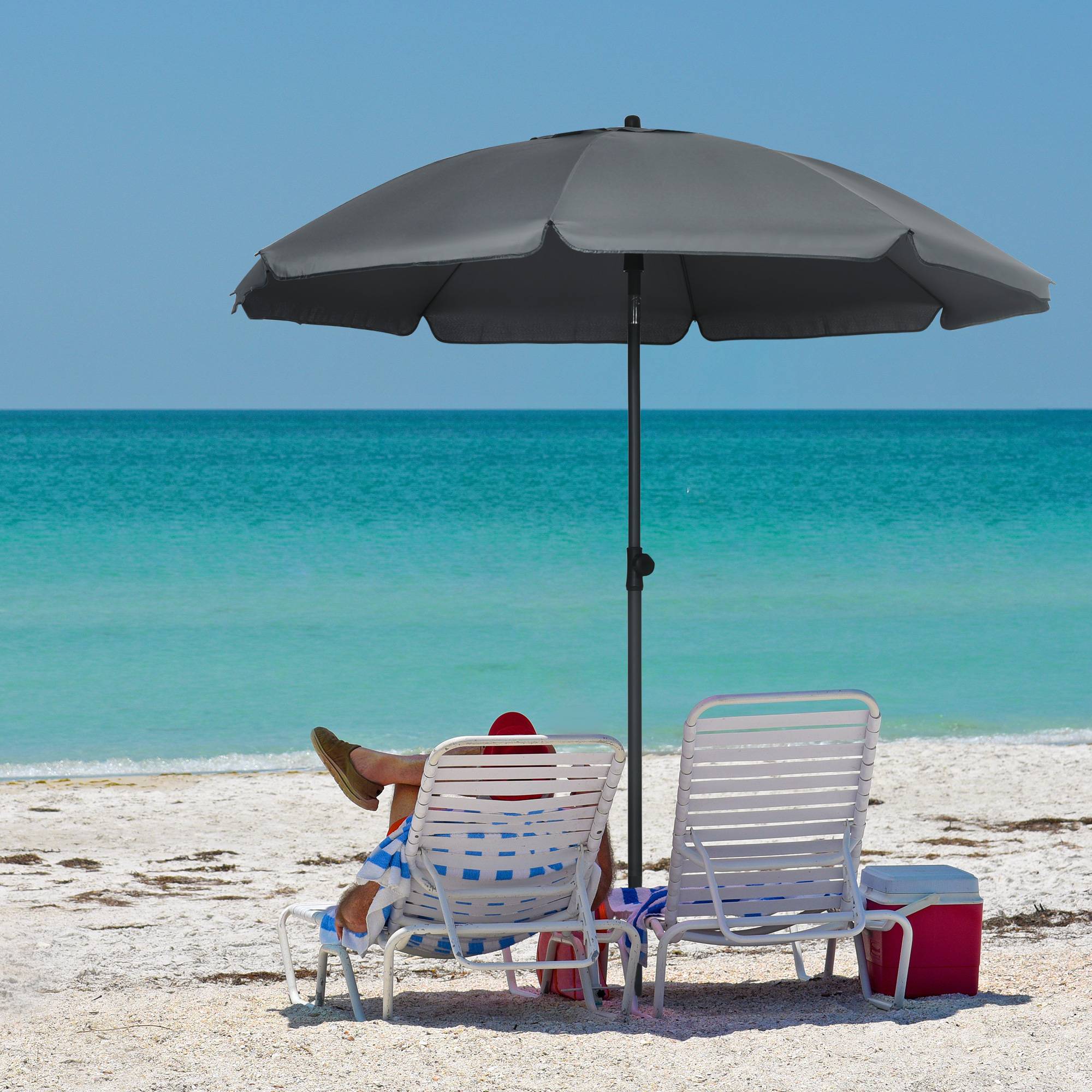 Parasol de plage 1,8 x 2 m, polyester et acier, 8 baleines, inclinaison à 45°, gris - Image 4