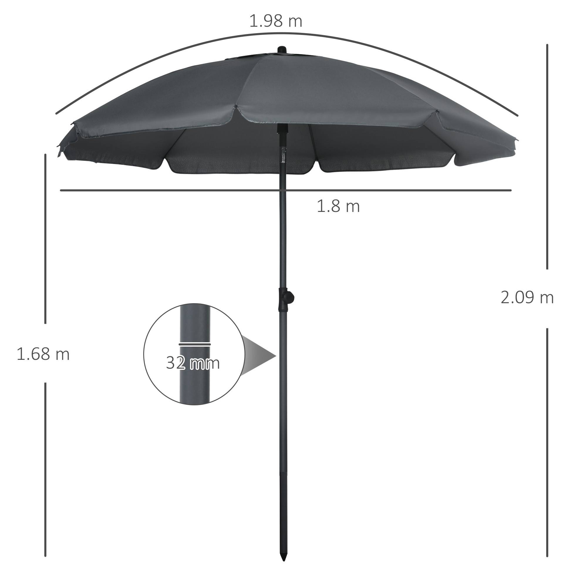 Parasol de plage 1,8 x 2 m, polyester et acier, 8 baleines, inclinaison à 45°, gris - Image 5
