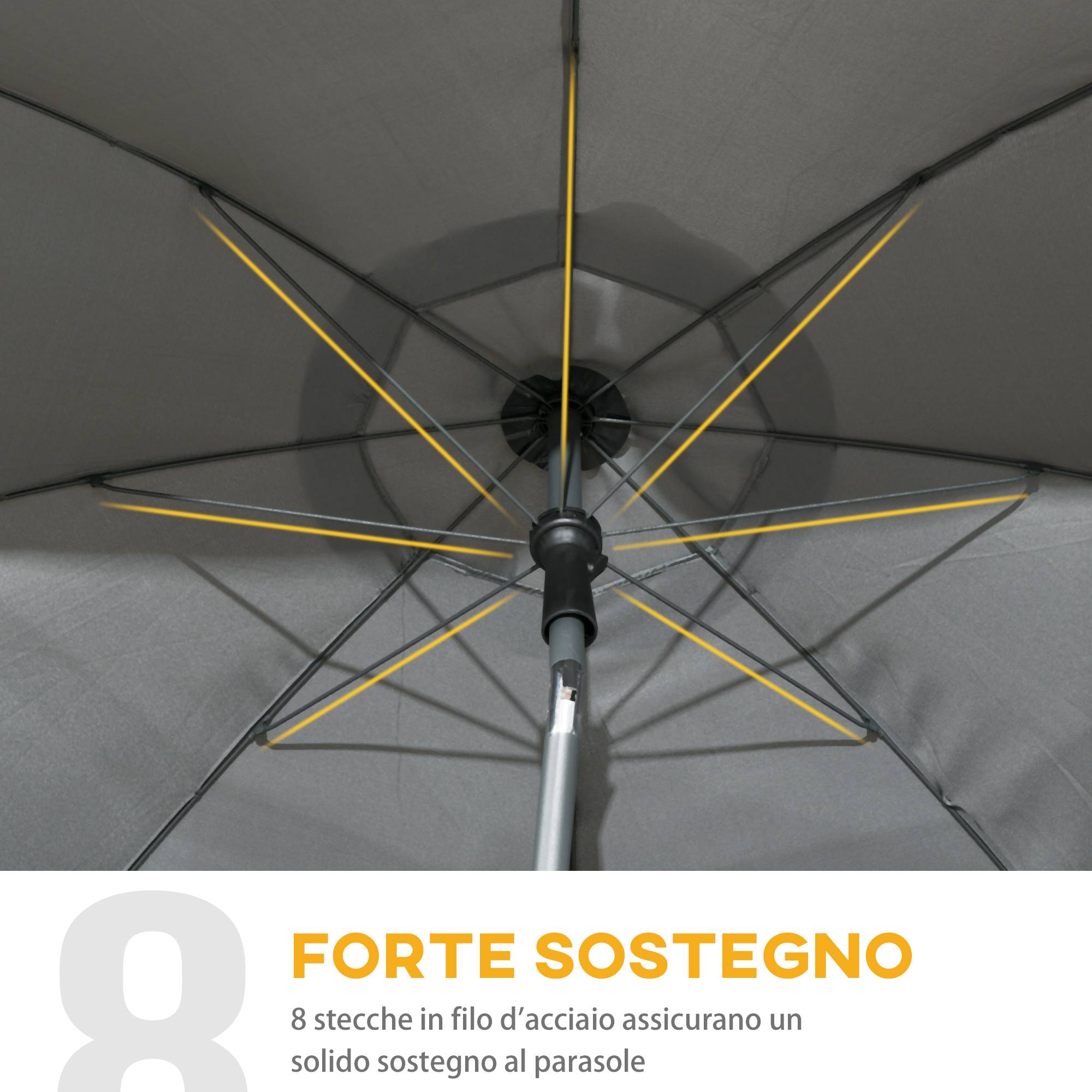 Parasol de plage 1,8 x 2 m, polyester et acier, 8 baleines, inclinaison à 45°, gris - Image 8