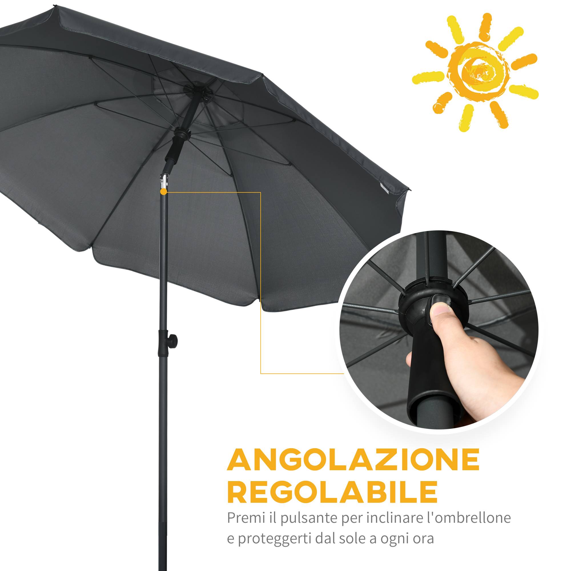 Parasol de plage 1,8 x 2 m, polyester et acier, 8 baleines, inclinaison à 45°, gris - Image 7
