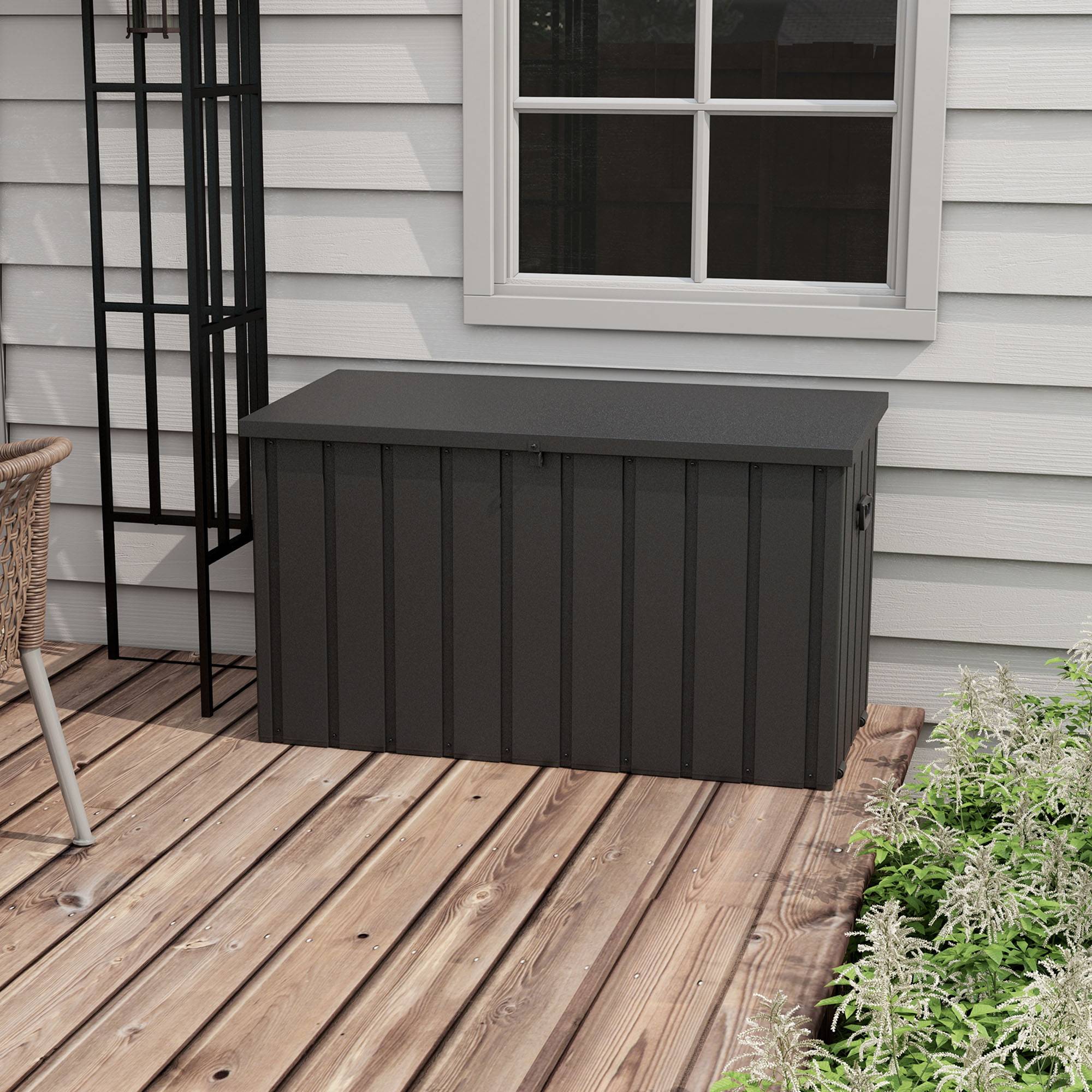 Coffre rangement métal extérieur jardin grande capacité 450L gris foncé roulettes - ComfortXL Outdoor Living - Image 4