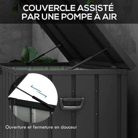 Coffre rangement métal extérieur jardin grande capacité 450L gris foncé roulettes - ComfortXL Outdoor Living - Image 8