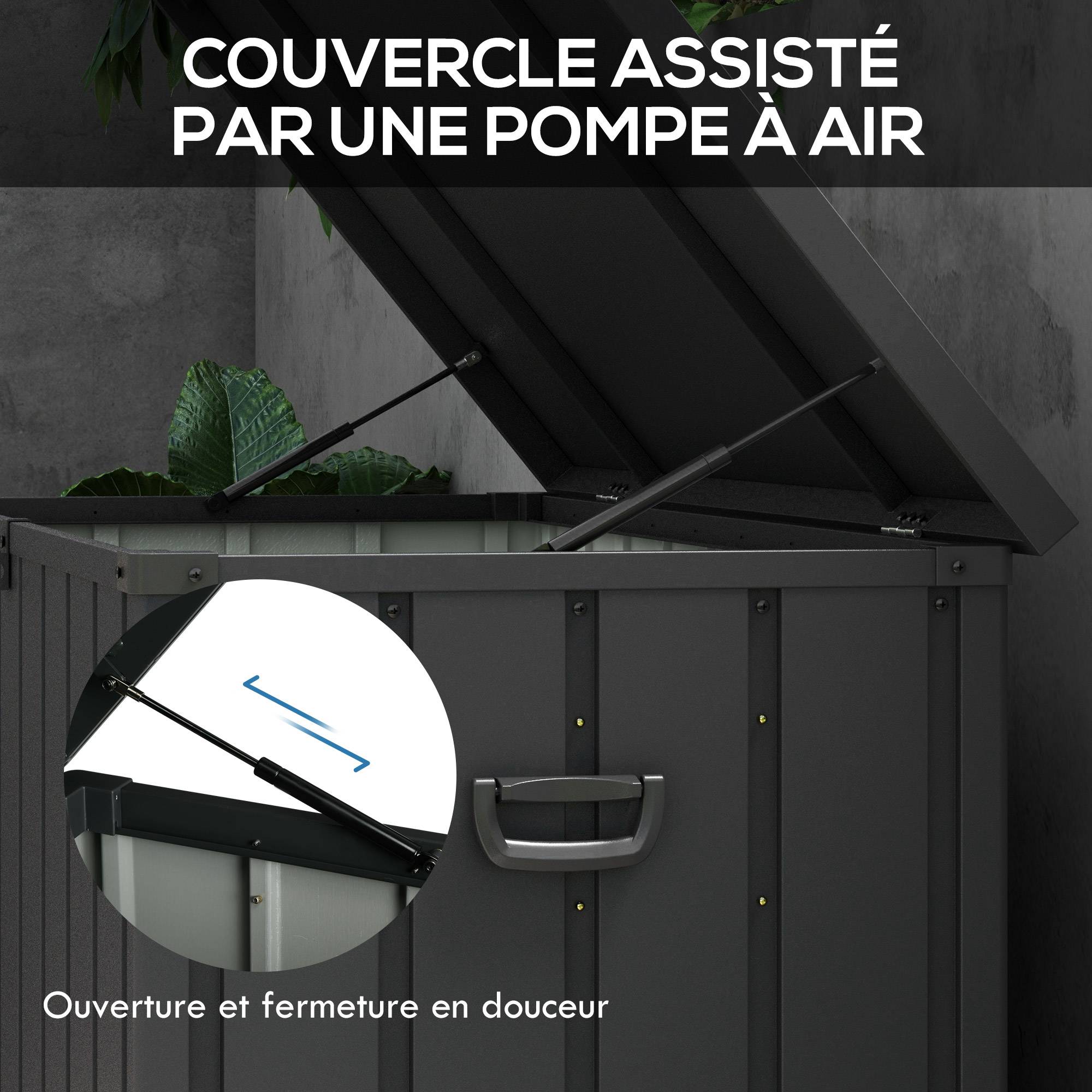 Coffre rangement métal extérieur jardin grande capacité 450L gris foncé roulettes - ComfortXL Outdoor Living - Image 8